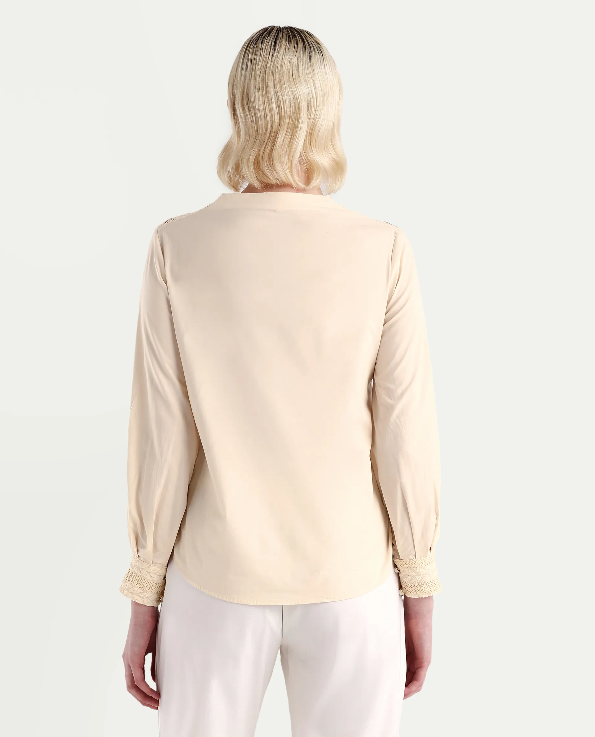 Rareism Women's Olafi Beige Cotton High Neck Plain Bishop Sleeve Regular Fit Top - Image 6