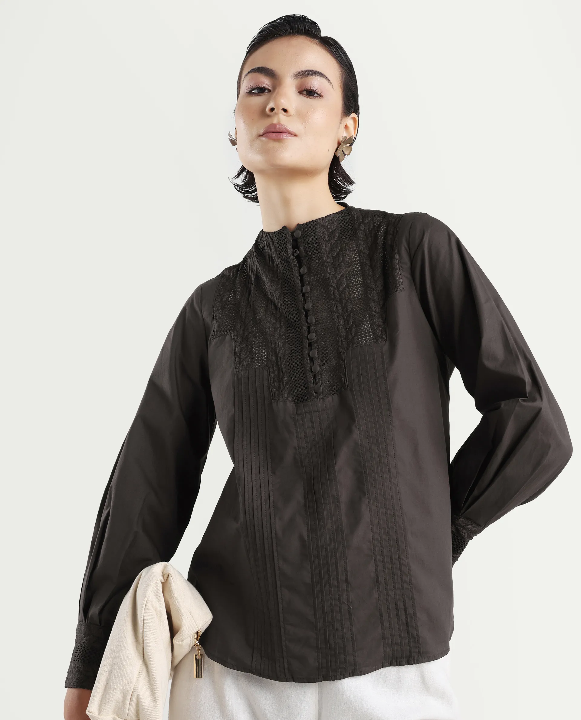 Rareism Women's Olafi Brown Cotton High Neck Plain Bishop Sleeve Regular Fit Top