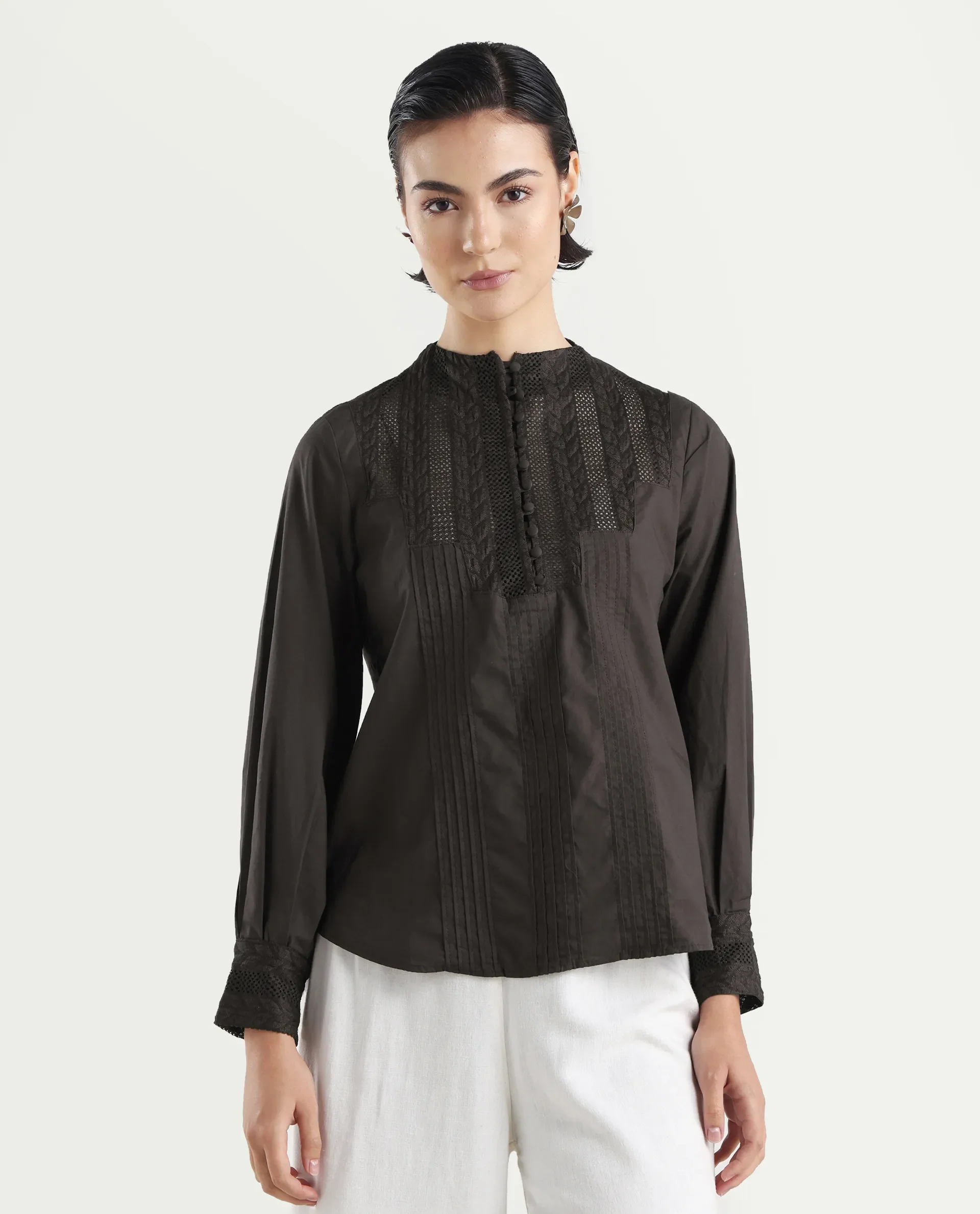 Rareism Women's Olafi Brown Cotton High Neck Plain Bishop Sleeve Regular Fit Top - Image 3