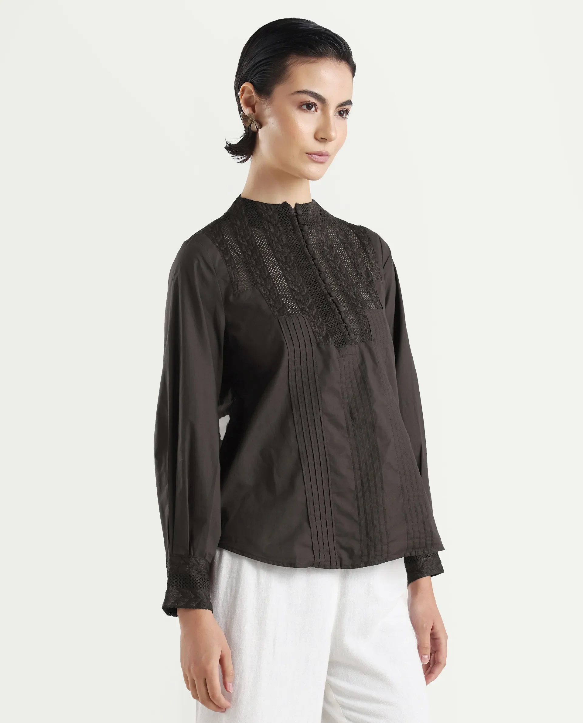Rareism Women's Olafi Brown Cotton High Neck Plain Bishop Sleeve Regular Fit Top - Image 5