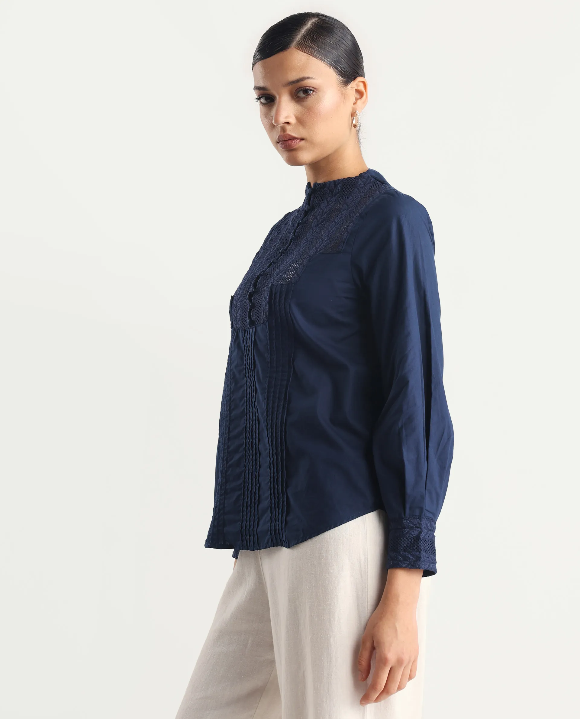 Rareism Women's Olafi Navy Cotton High Neck Plain Bishop Sleeve Regular Fit Top - Image 4