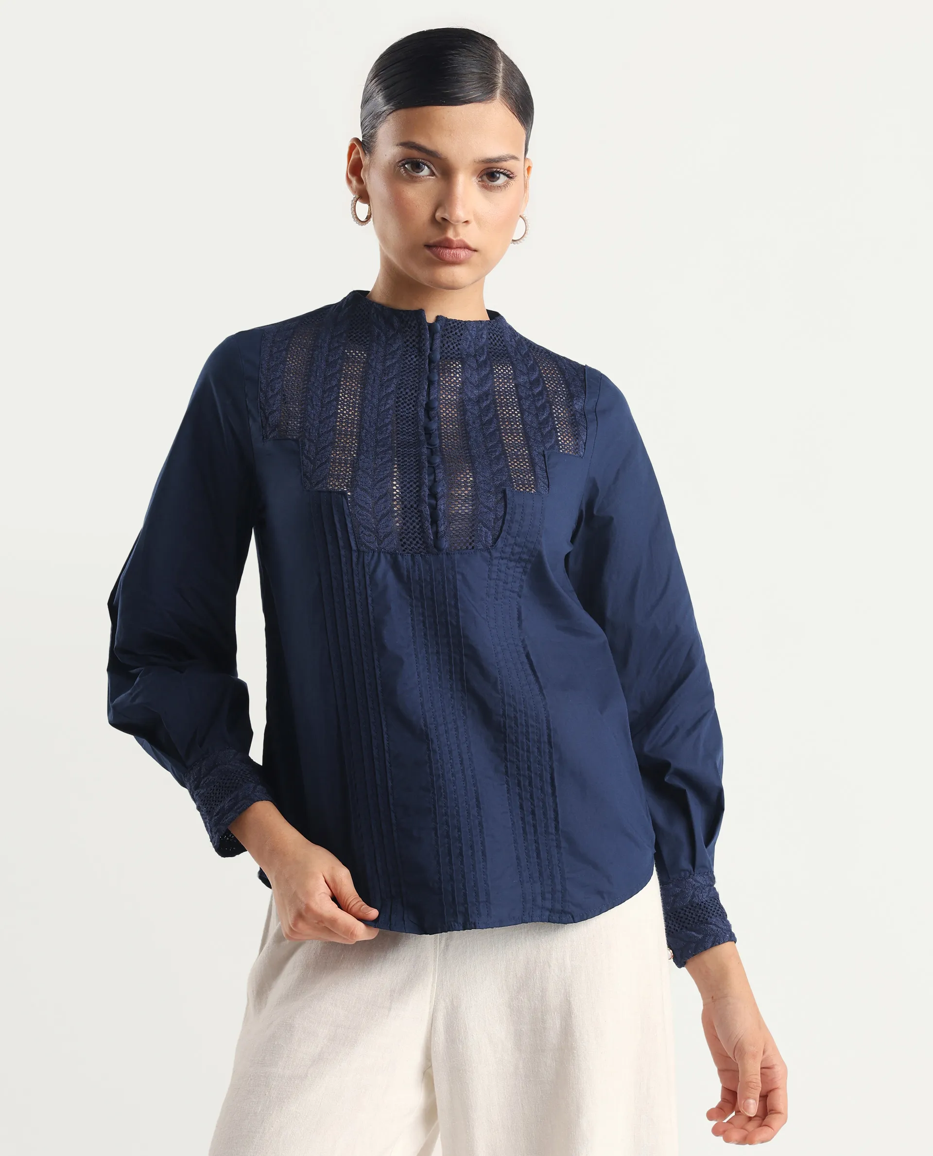 Rareism Women's Olafi Navy Cotton High Neck Plain Bishop Sleeve Regular Fit Top - Image 5