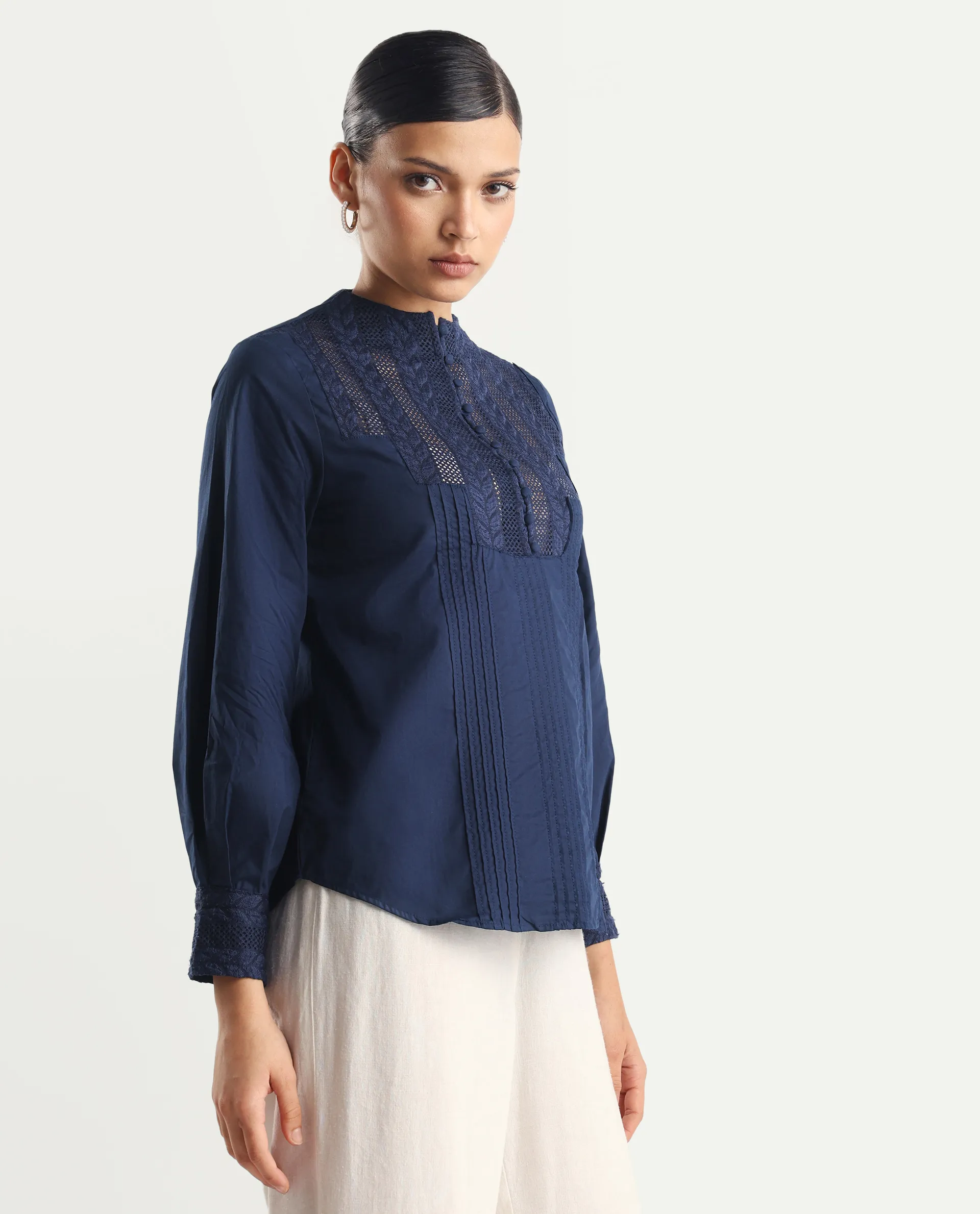 Rareism Women's Olafi Navy Cotton High Neck Plain Bishop Sleeve Regular Fit Top - Image 6