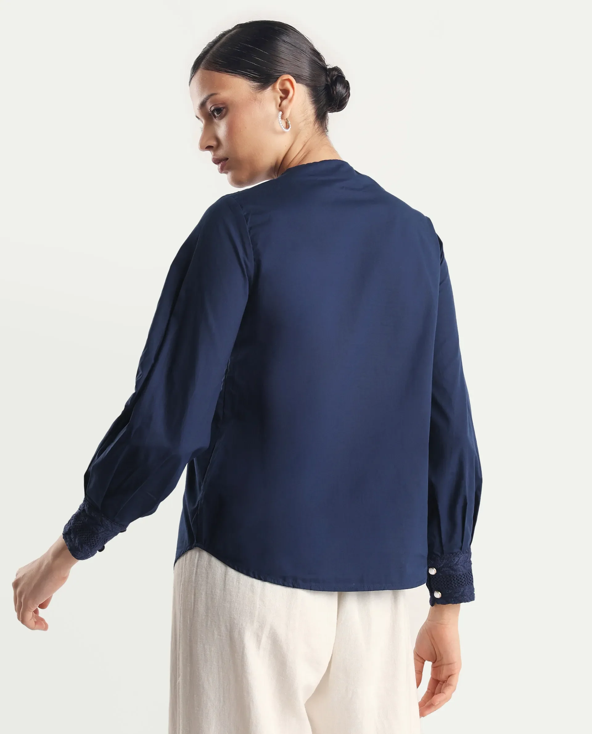 Rareism Women's Olafi Navy Cotton High Neck Plain Bishop Sleeve Regular Fit Top - Image 7