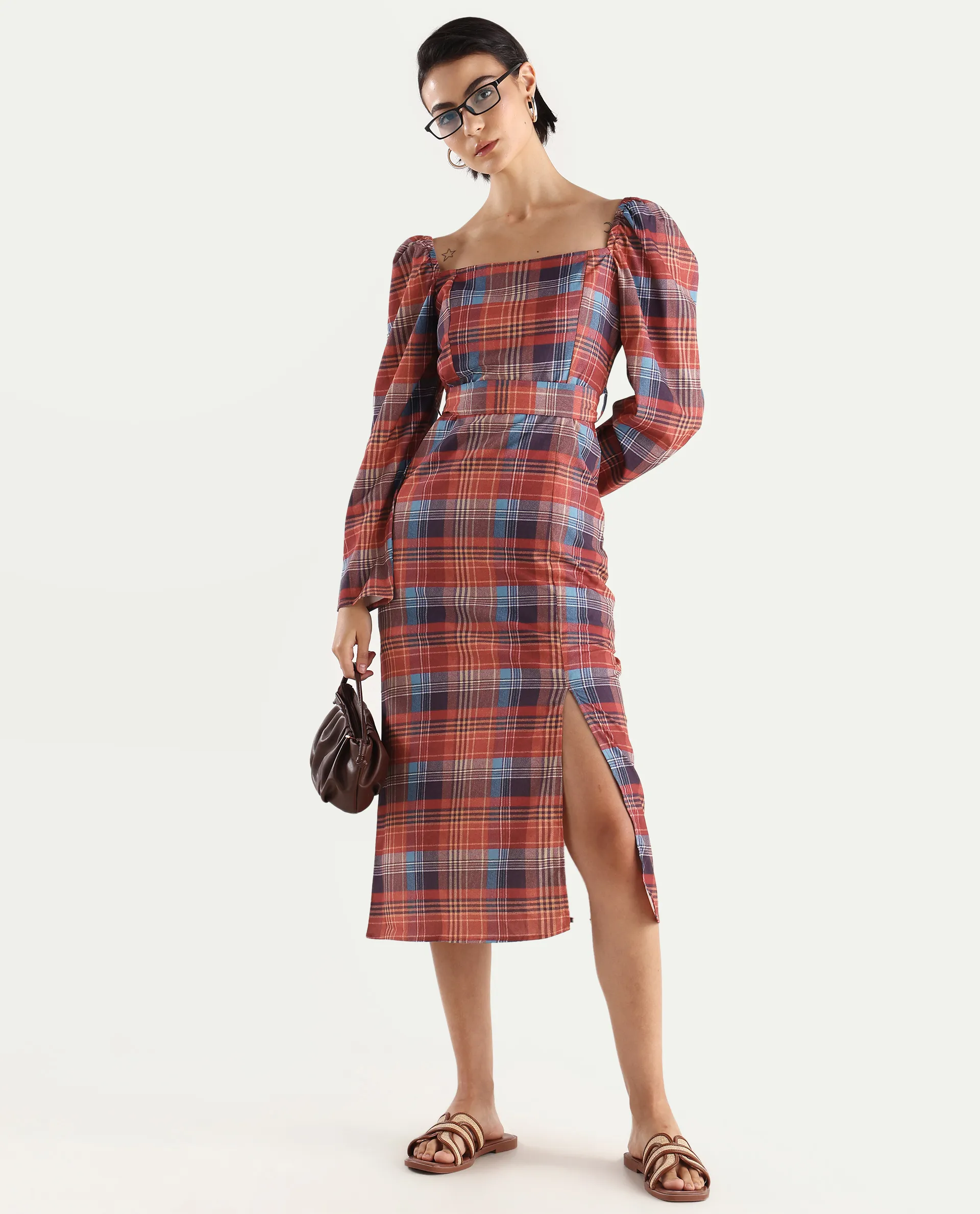 Rareism Women's Olappo Multi Polyester Blend Square Neck Checked Leg O Mutton Sleeve Midi Bodycon Dress