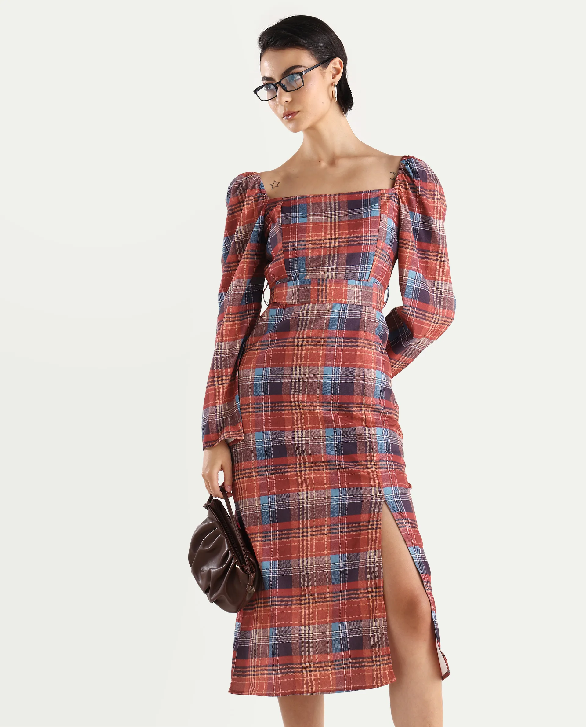 Rareism Women's Olappo Multi Polyester Blend Square Neck Checked Leg O Mutton Sleeve Midi Bodycon Dress - Image 2