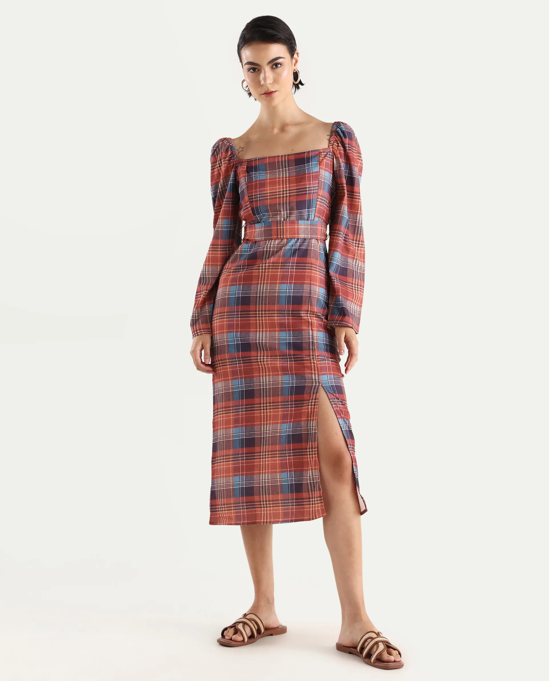 Rareism Women's Olappo Multi Polyester Blend Square Neck Checked Leg O Mutton Sleeve Midi Bodycon Dress - Image 3