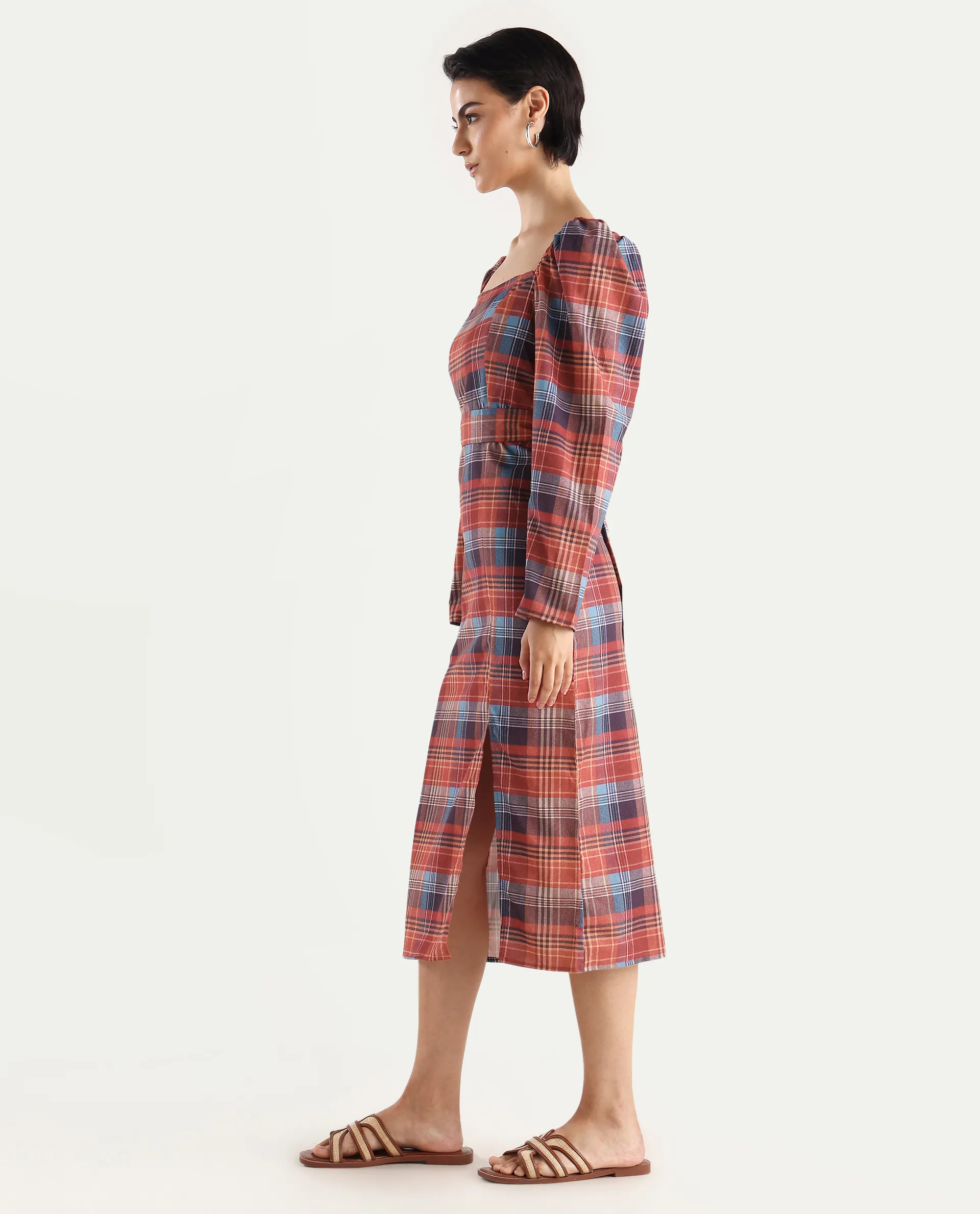 Rareism Women's Olappo Multi Polyester Blend Square Neck Checked Leg O Mutton Sleeve Midi Bodycon Dress - Image 5