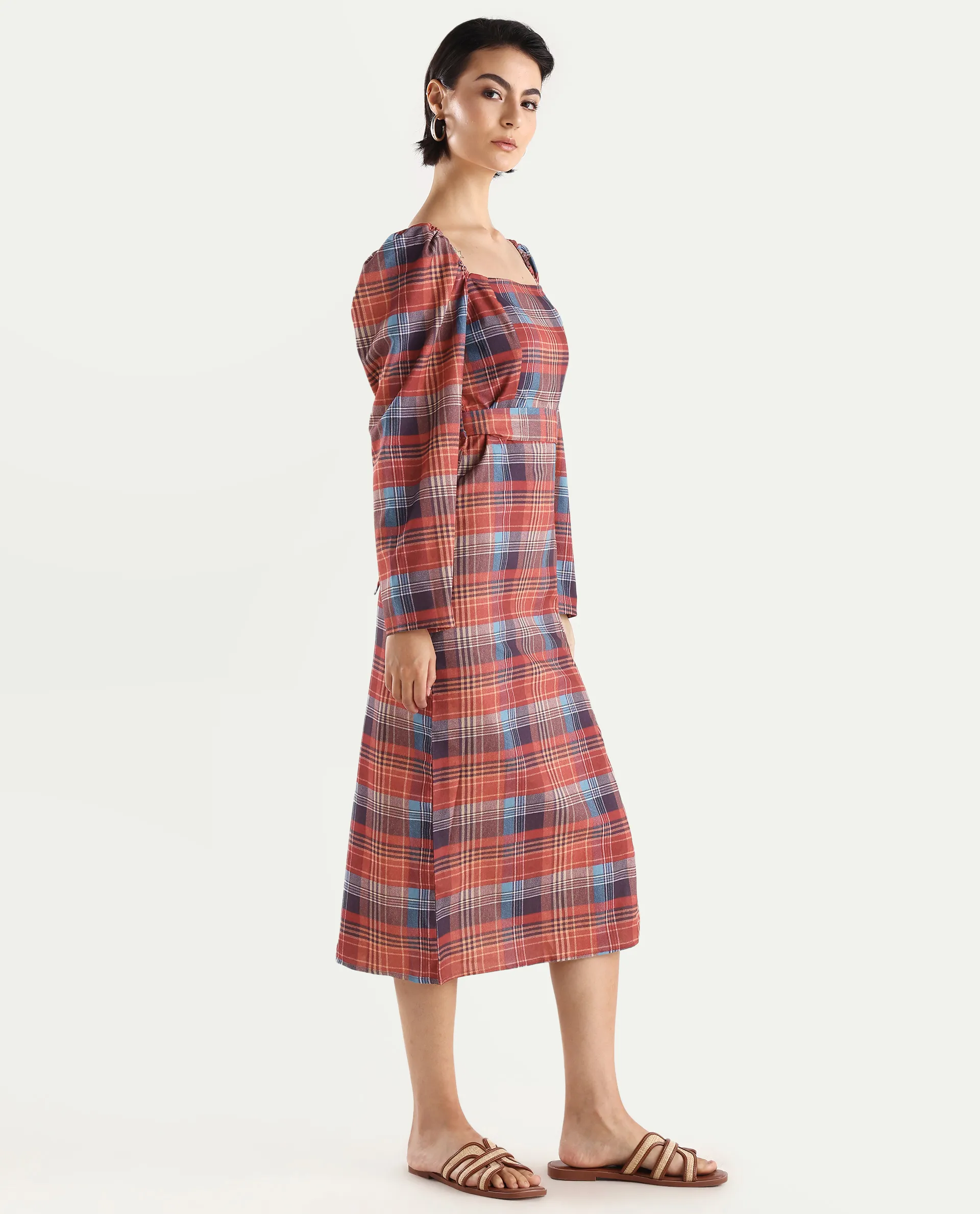 Rareism Women's Olappo Multi Polyester Blend Square Neck Checked Leg O Mutton Sleeve Midi Bodycon Dress - Image 6
