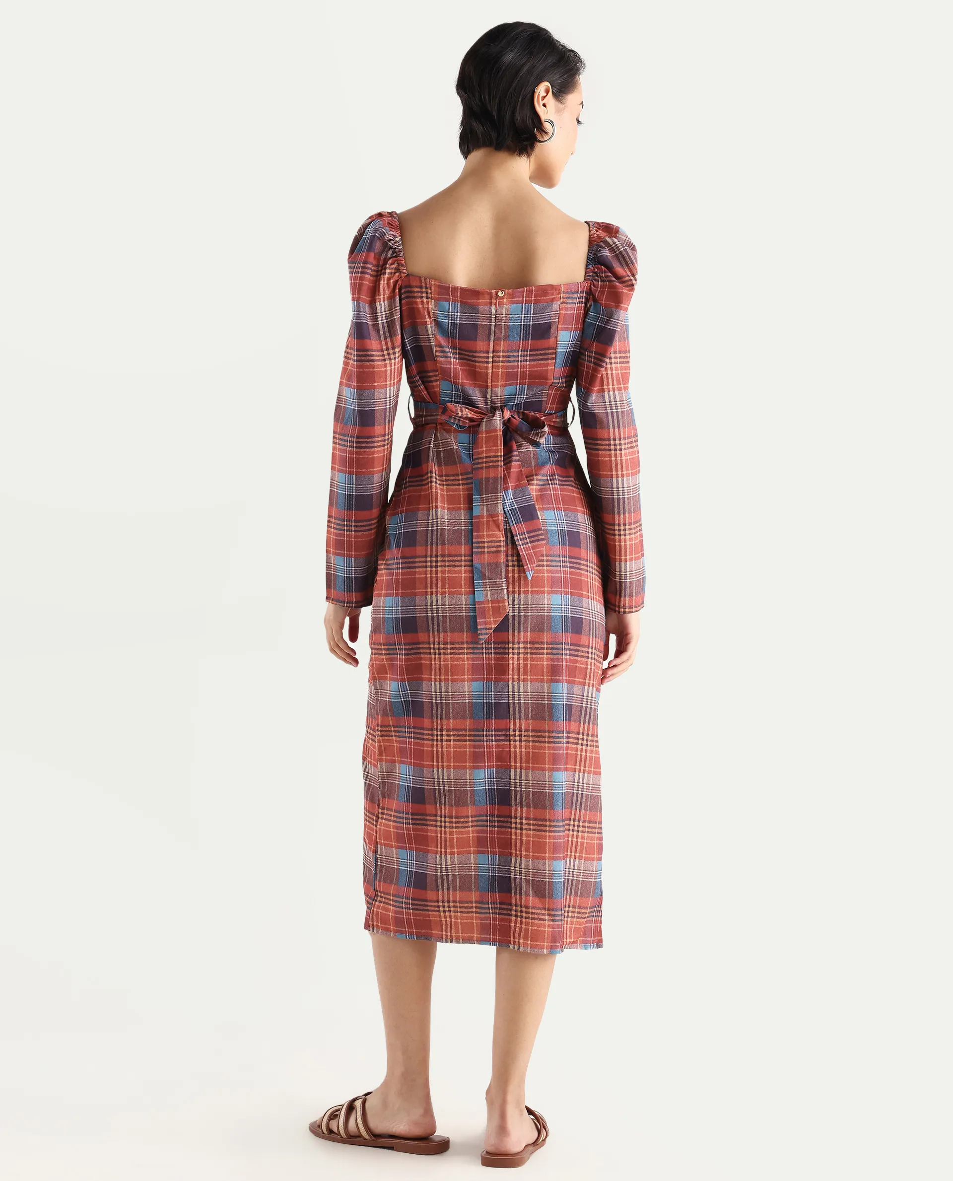 Rareism Women's Olappo Multi Polyester Blend Square Neck Checked Leg O Mutton Sleeve Midi Bodycon Dress - Image 7