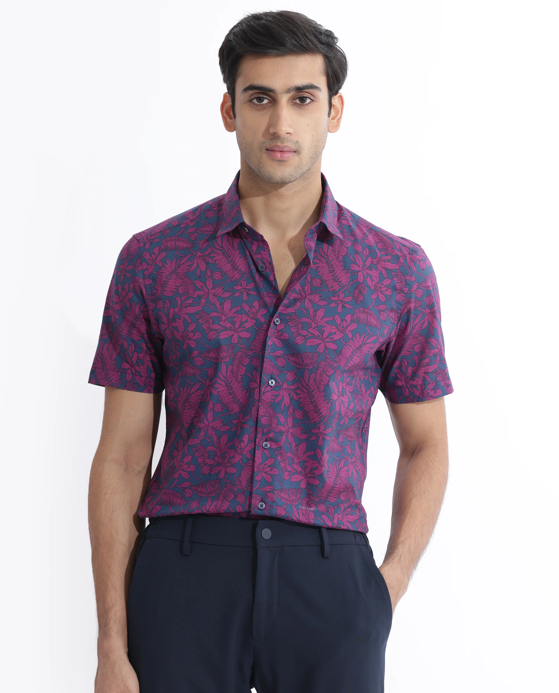 Rare Rabbit Men's Olars Navy Cotton Floral Print Regular Fit Half Sleeve Collared Shirt - Image 3