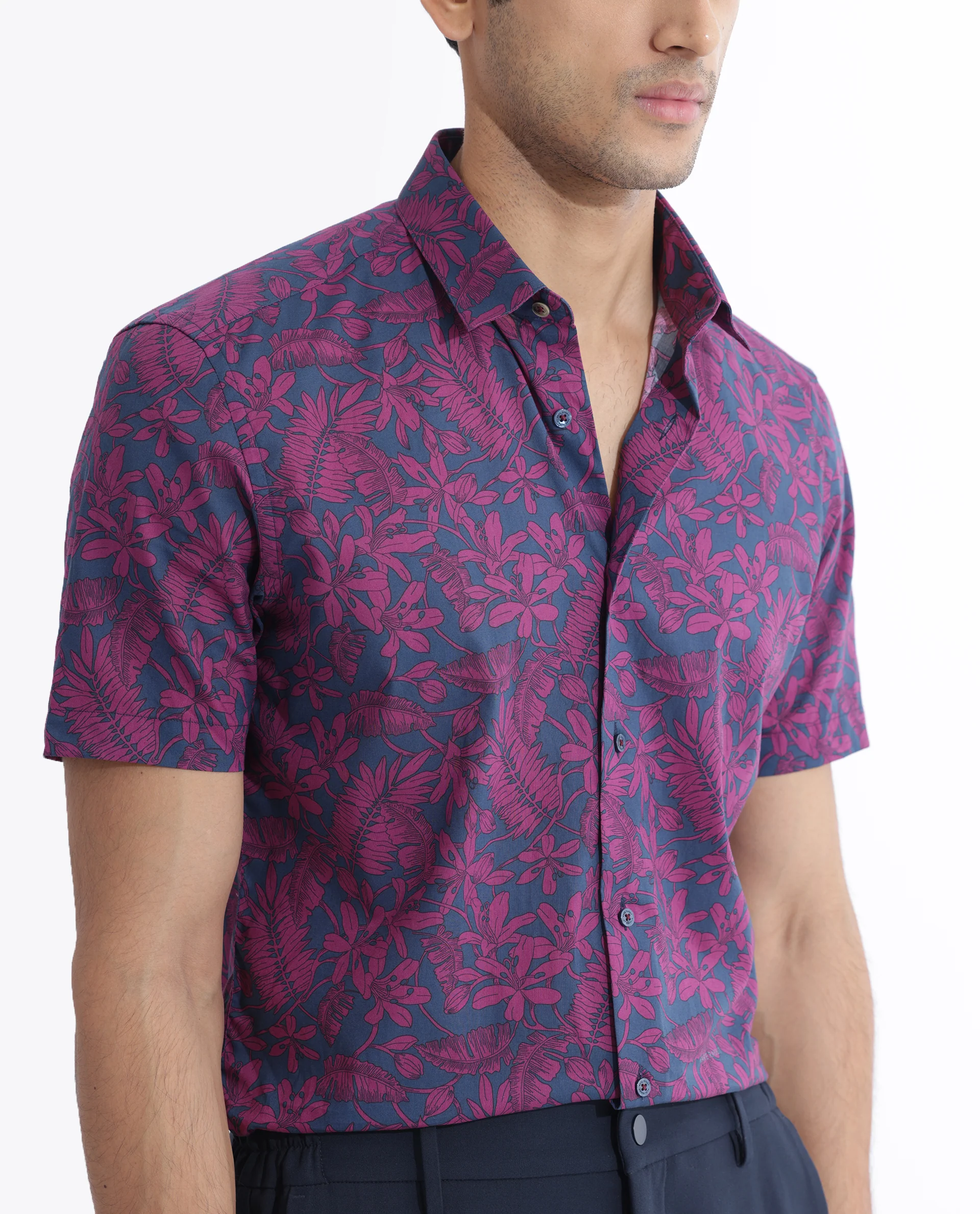 Rare Rabbit Men's Olars Navy Cotton Floral Print Regular Fit Half Sleeve Collared Shirt - Image 4