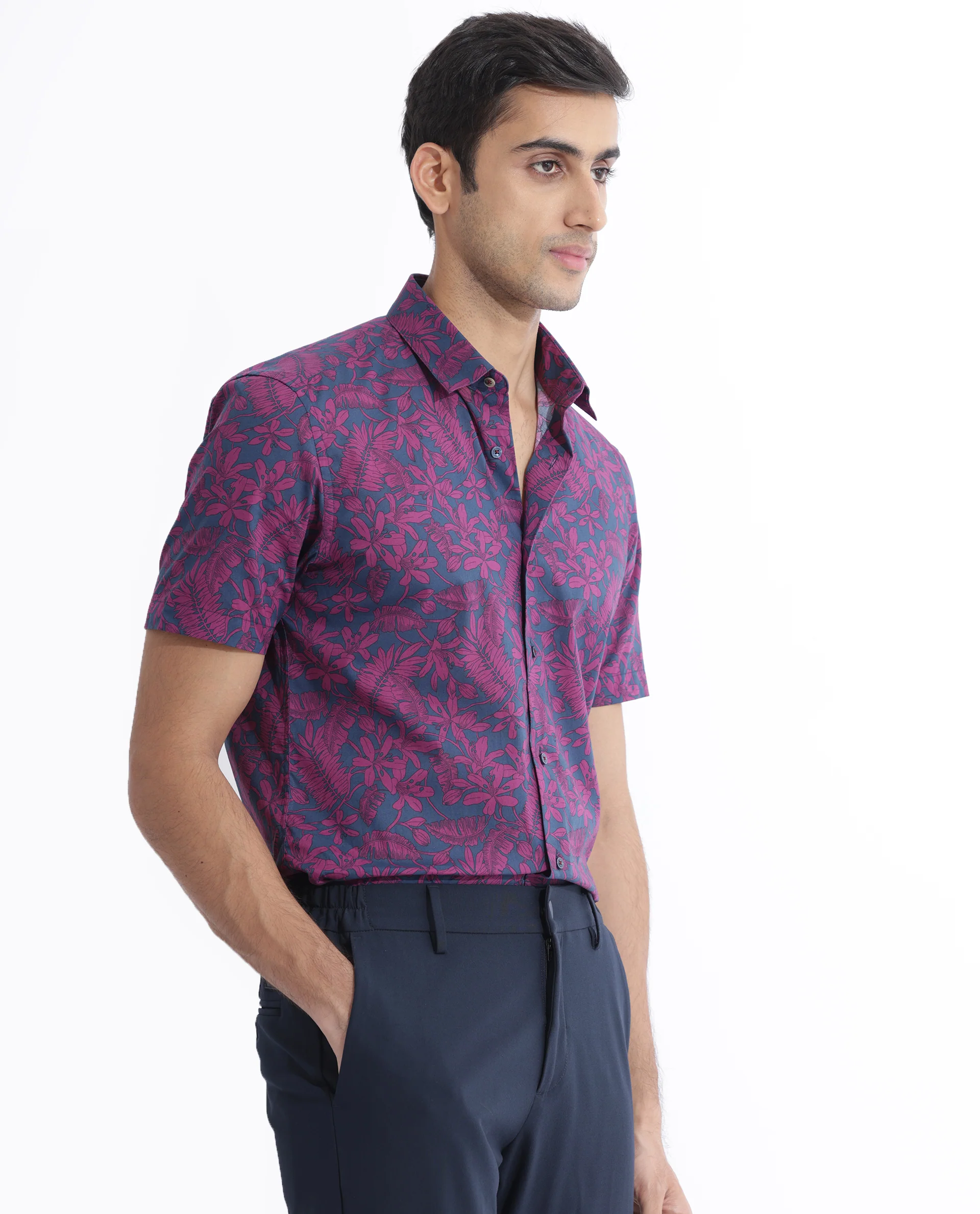 Rare Rabbit Men's Olars Navy Cotton Floral Print Regular Fit Half Sleeve Collared Shirt - Image 5