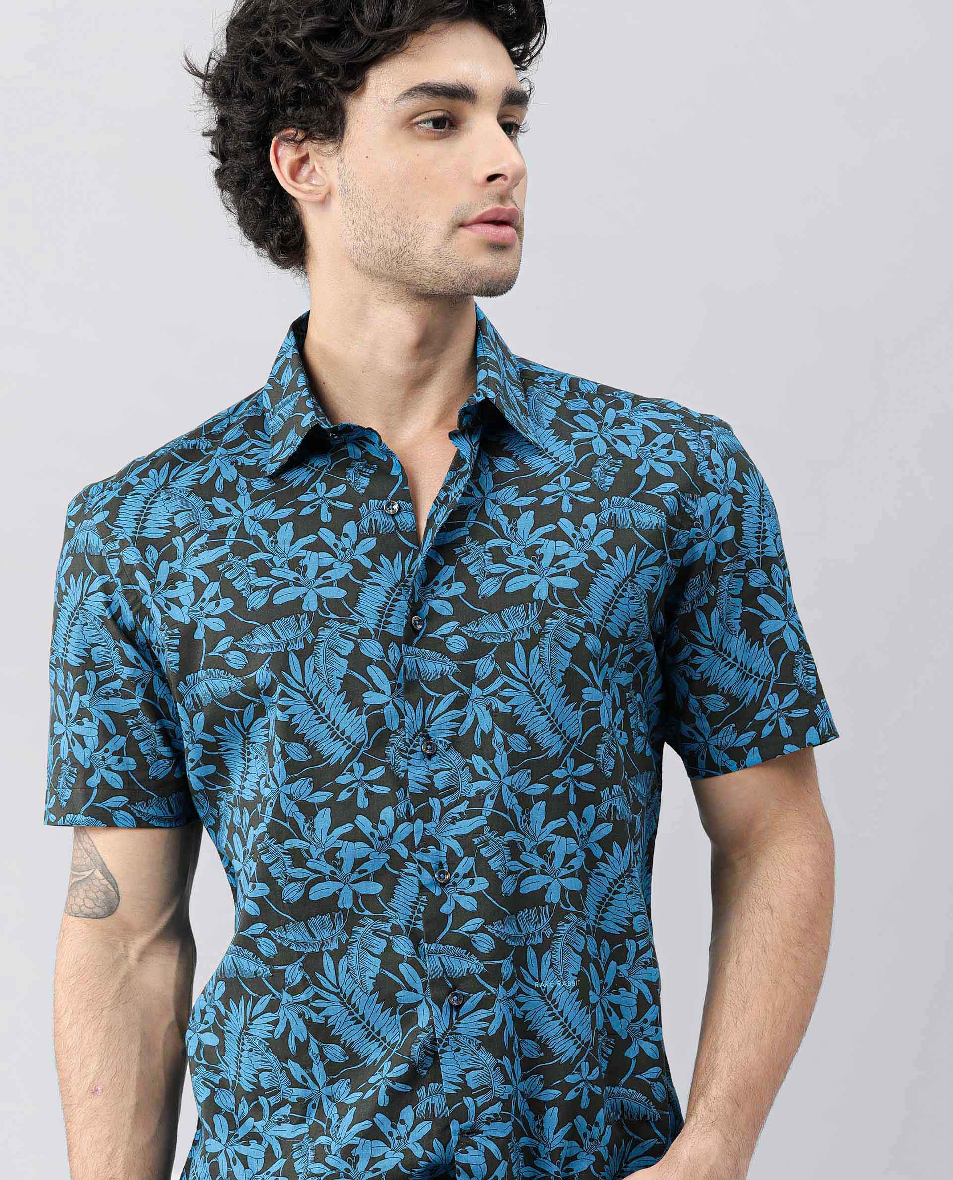 Rare Rabbit Men's Olar Olive Cotton Floral Print Regular Fit Half Sleeve Spread Collar Shirt - Image 2