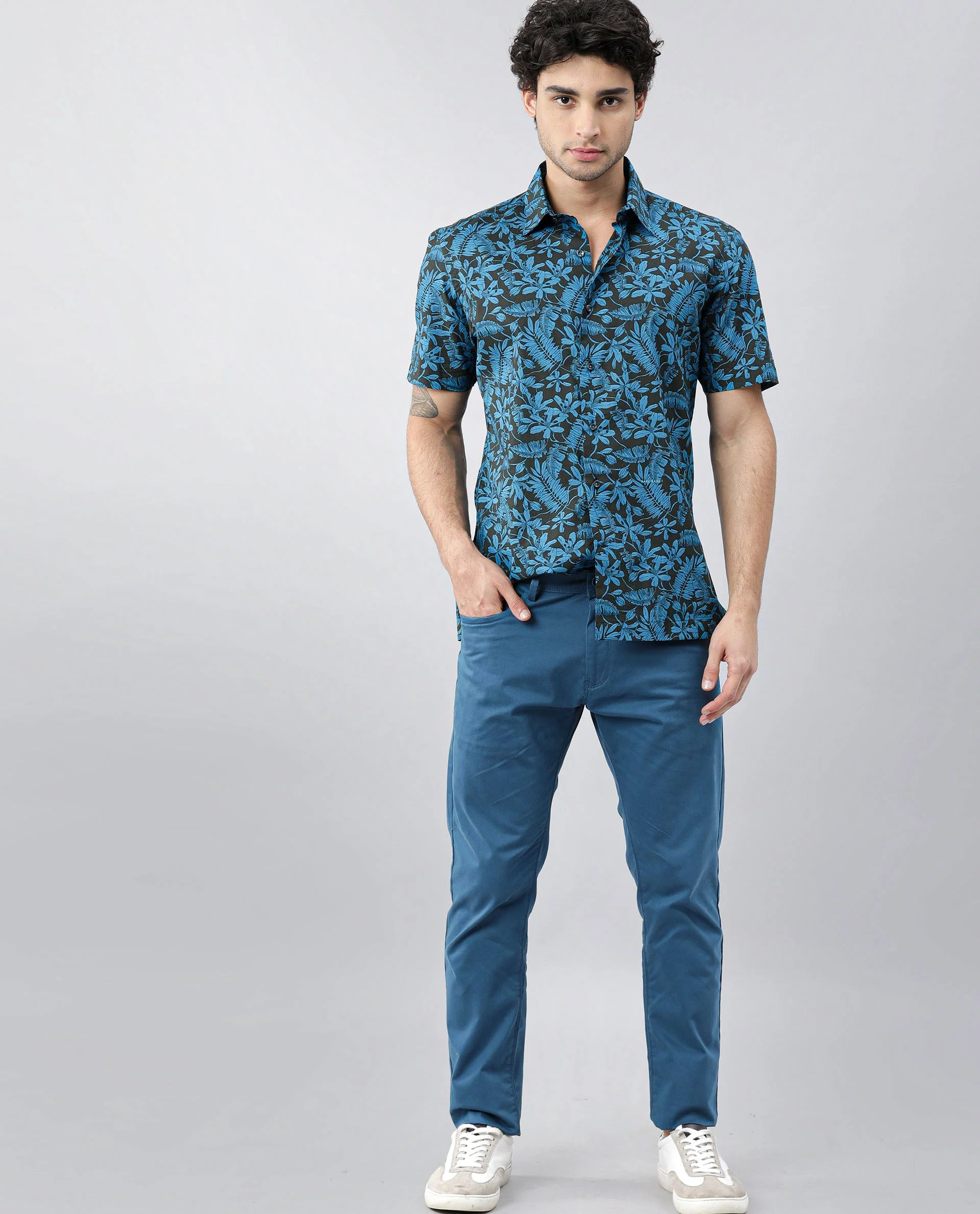Rare Rabbit Men's Olar Olive Cotton Floral Print Regular Fit Half Sleeve Spread Collar Shirt - Image 3