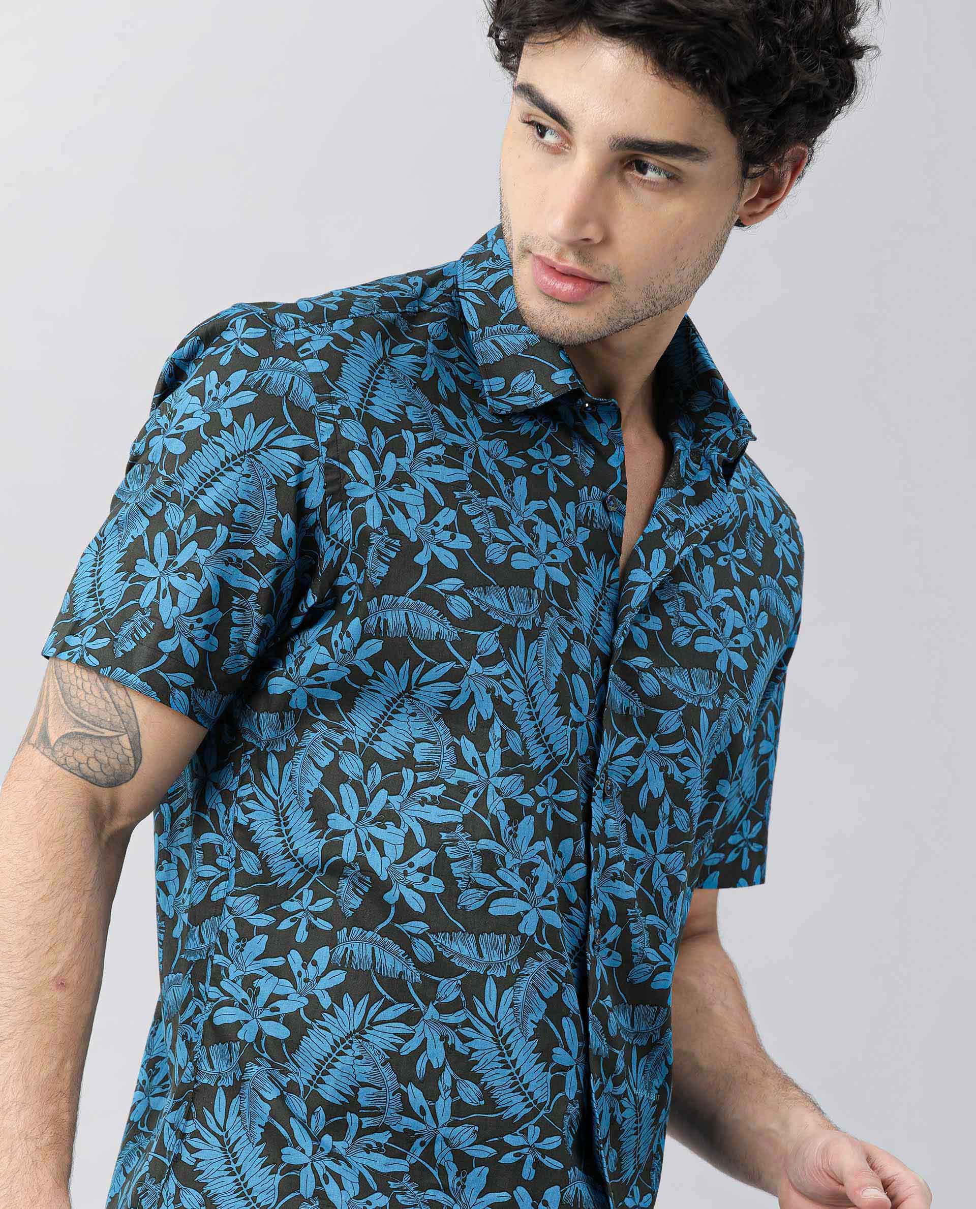 Rare Rabbit Men's Olar Olive Cotton Floral Print Regular Fit Half Sleeve Spread Collar Shirt - Image 4