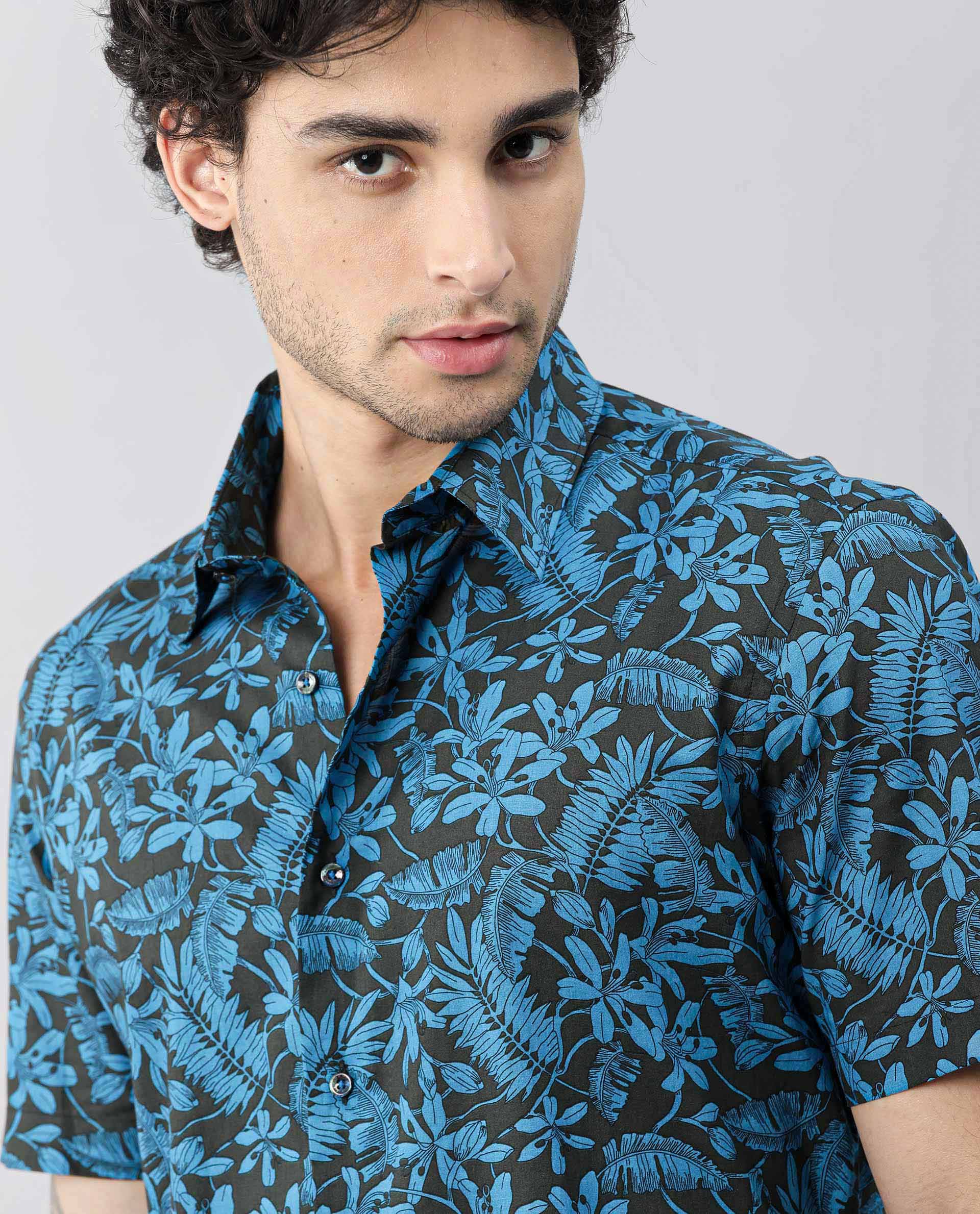 Rare Rabbit Men's Olar Olive Cotton Floral Print Regular Fit Half Sleeve Spread Collar Shirt - Image 6