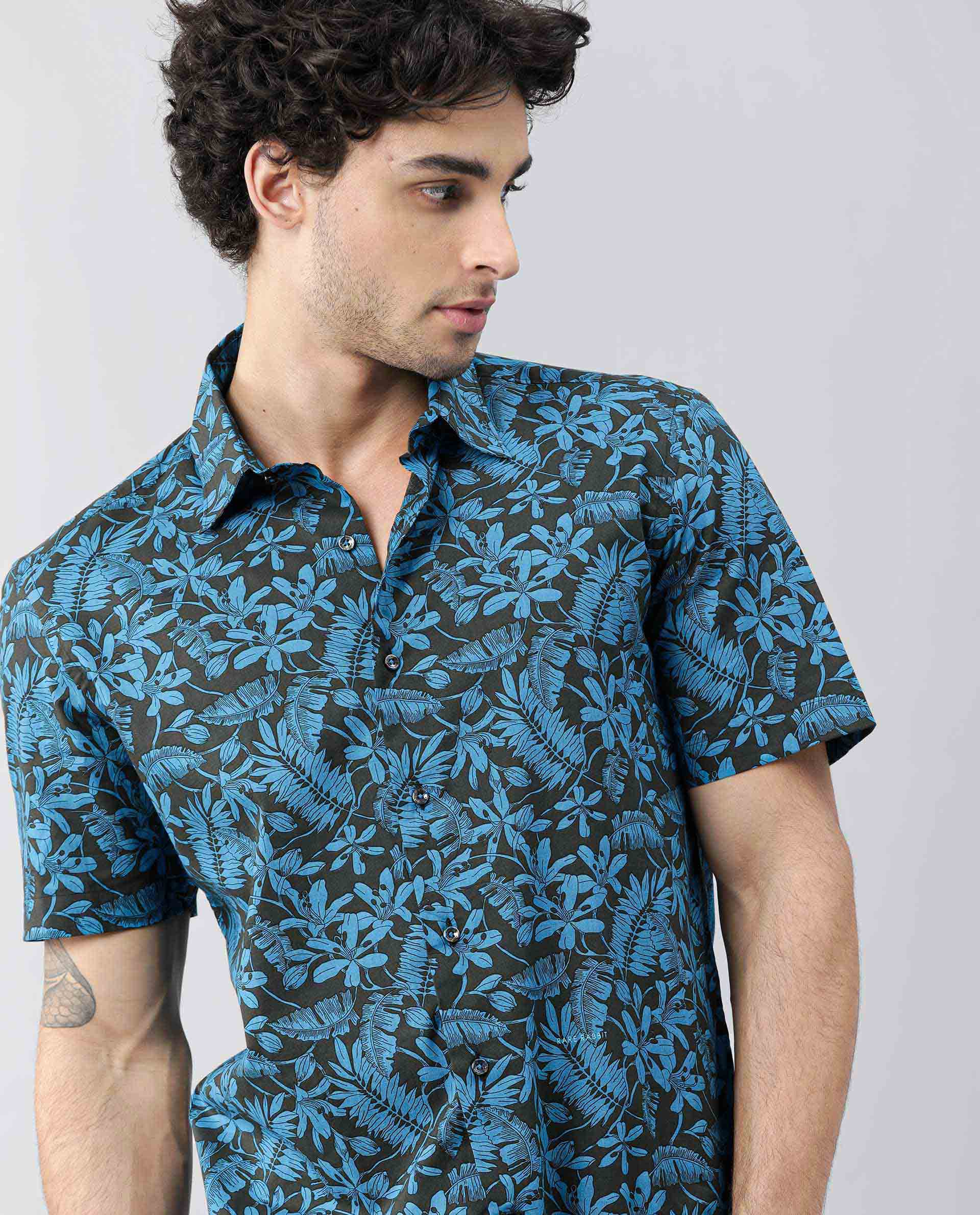 Rare Rabbit Men's Olar Olive Cotton Floral Print Regular Fit Half Sleeve Spread Collar Shirt - Image 7