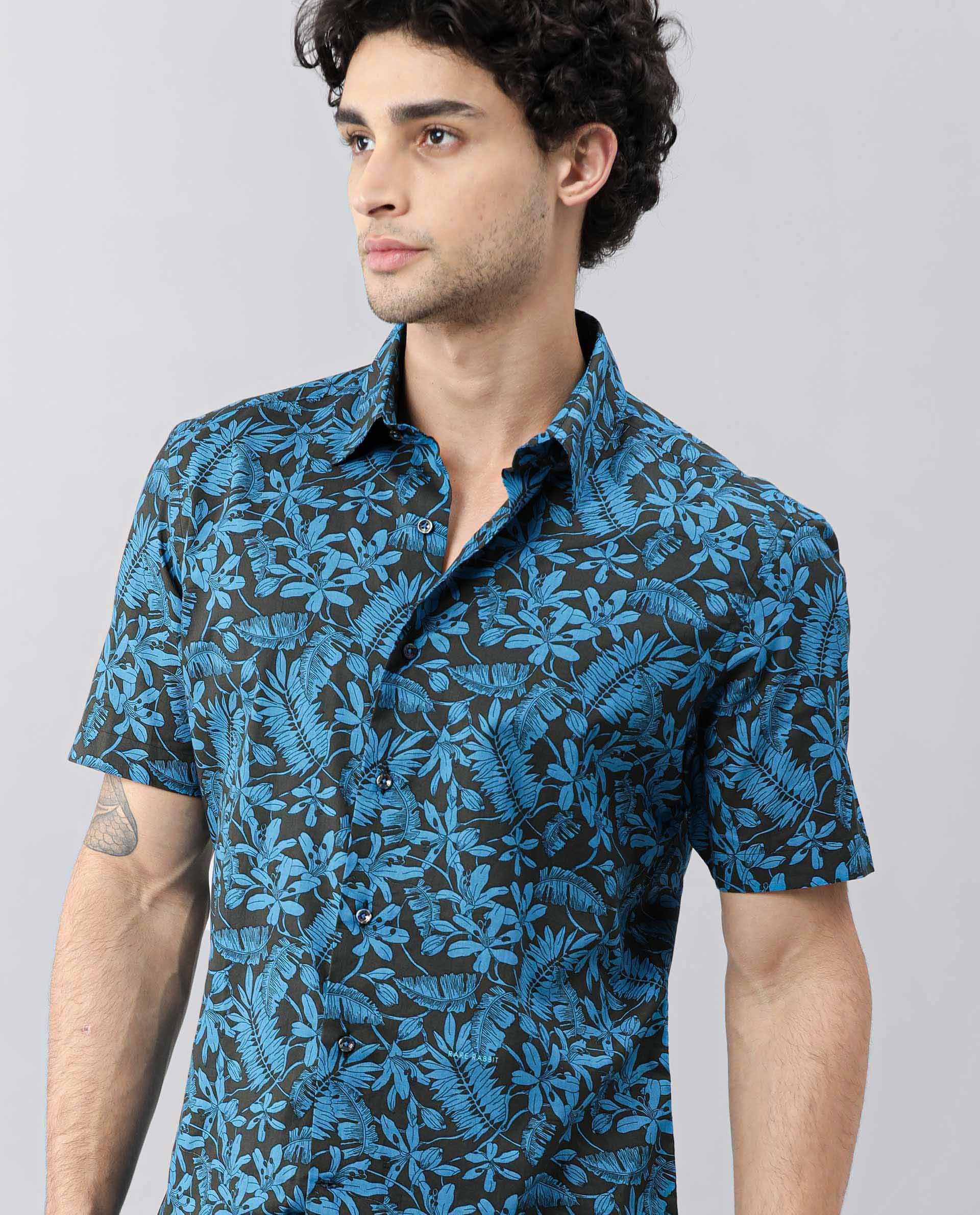 Rare Rabbit Men's Olar Olive Cotton Floral Print Regular Fit Half Sleeve Spread Collar Shirt - Image 9