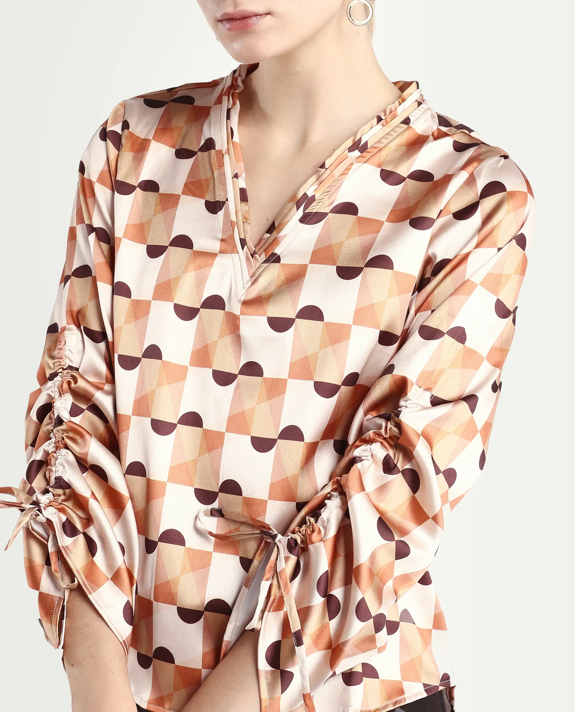 Rareism Women's Olbia Light Multi Polyester V-Neck Geometric Print Gathered Sleeve Regular Fit Top - Image 3