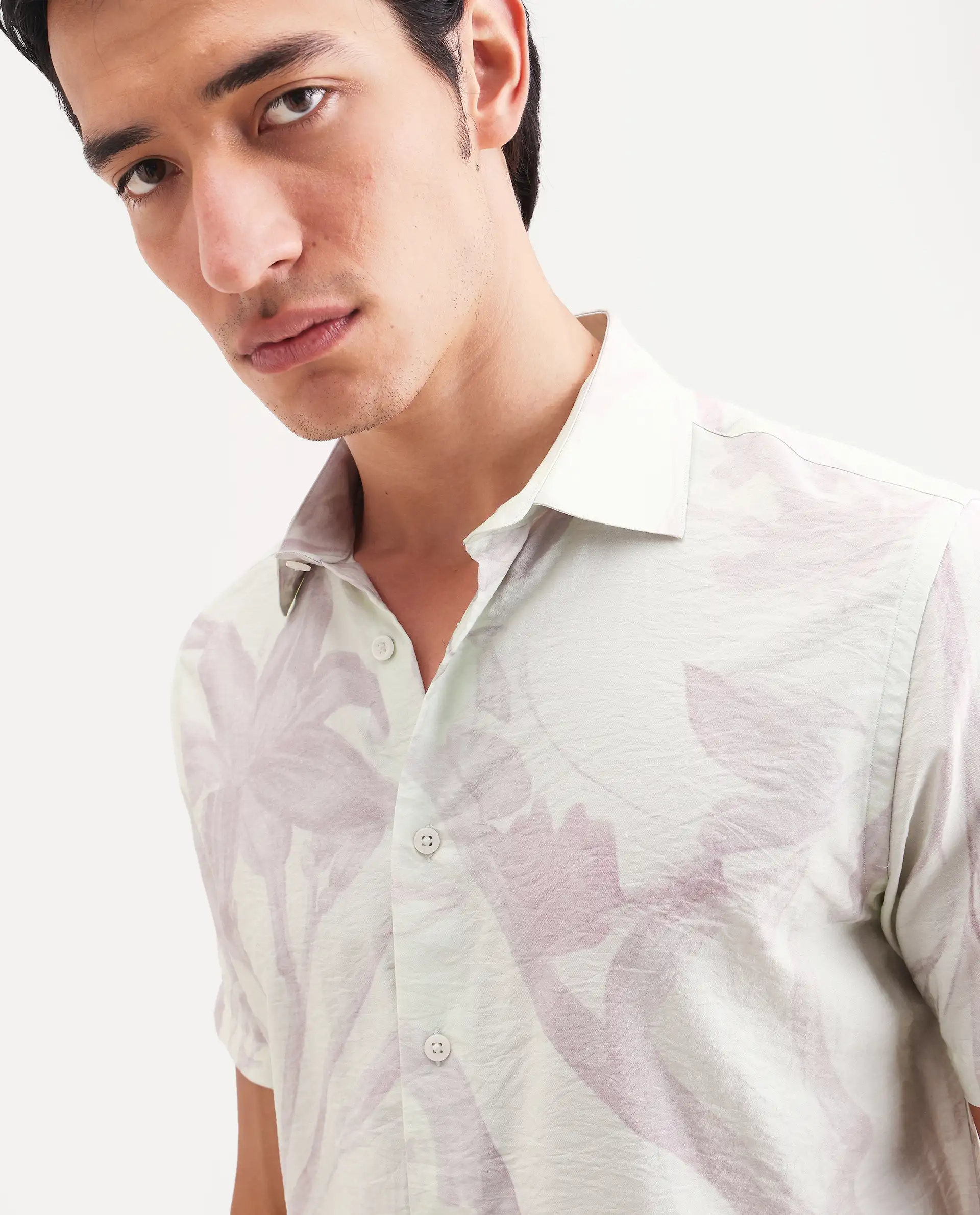 Rare Rabbit Men's Olek Off White Viscose Blend Fabric Half Sleeve Spread Collar Regular Fit Floral Print Shirt - Image 3