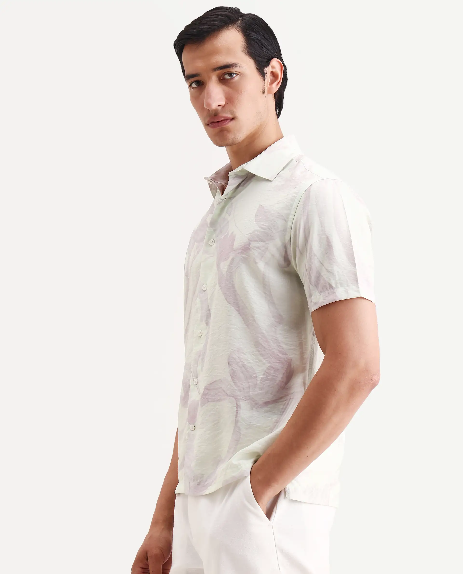 Rare Rabbit Men's Olek Off White Viscose Blend Fabric Half Sleeve Spread Collar Regular Fit Floral Print Shirt - Image 5