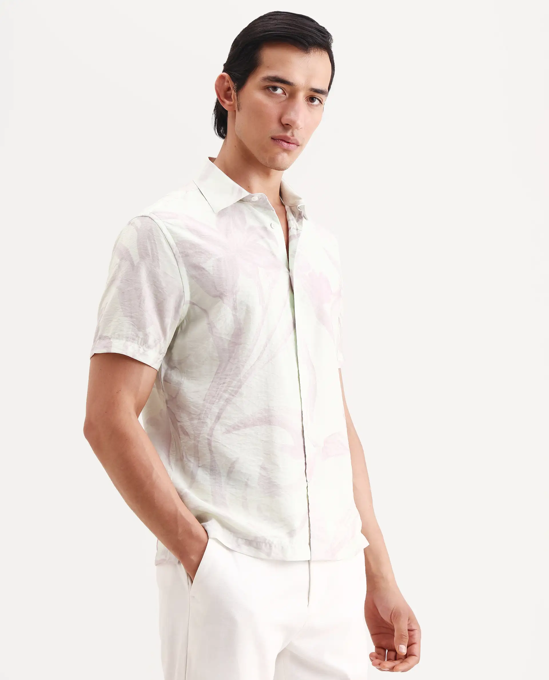 Rare Rabbit Men's Olek Off White Viscose Blend Fabric Half Sleeve Spread Collar Regular Fit Floral Print Shirt - Image 6