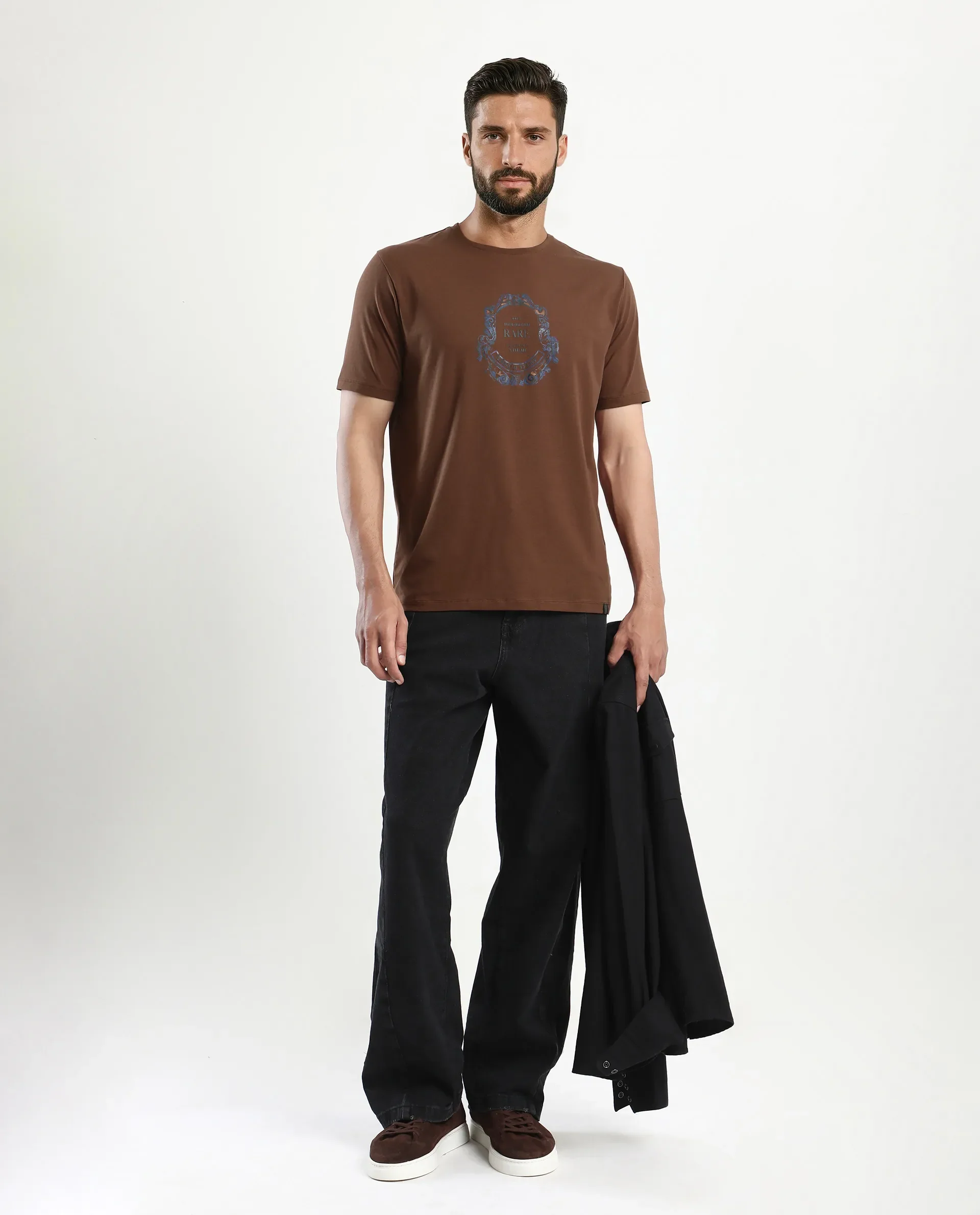 Rare Rabbit Men's Olen Brown Cotton Blend Graphic Print Regular Fit Half Sleeve Crew Neck T-Shirt - Image 2