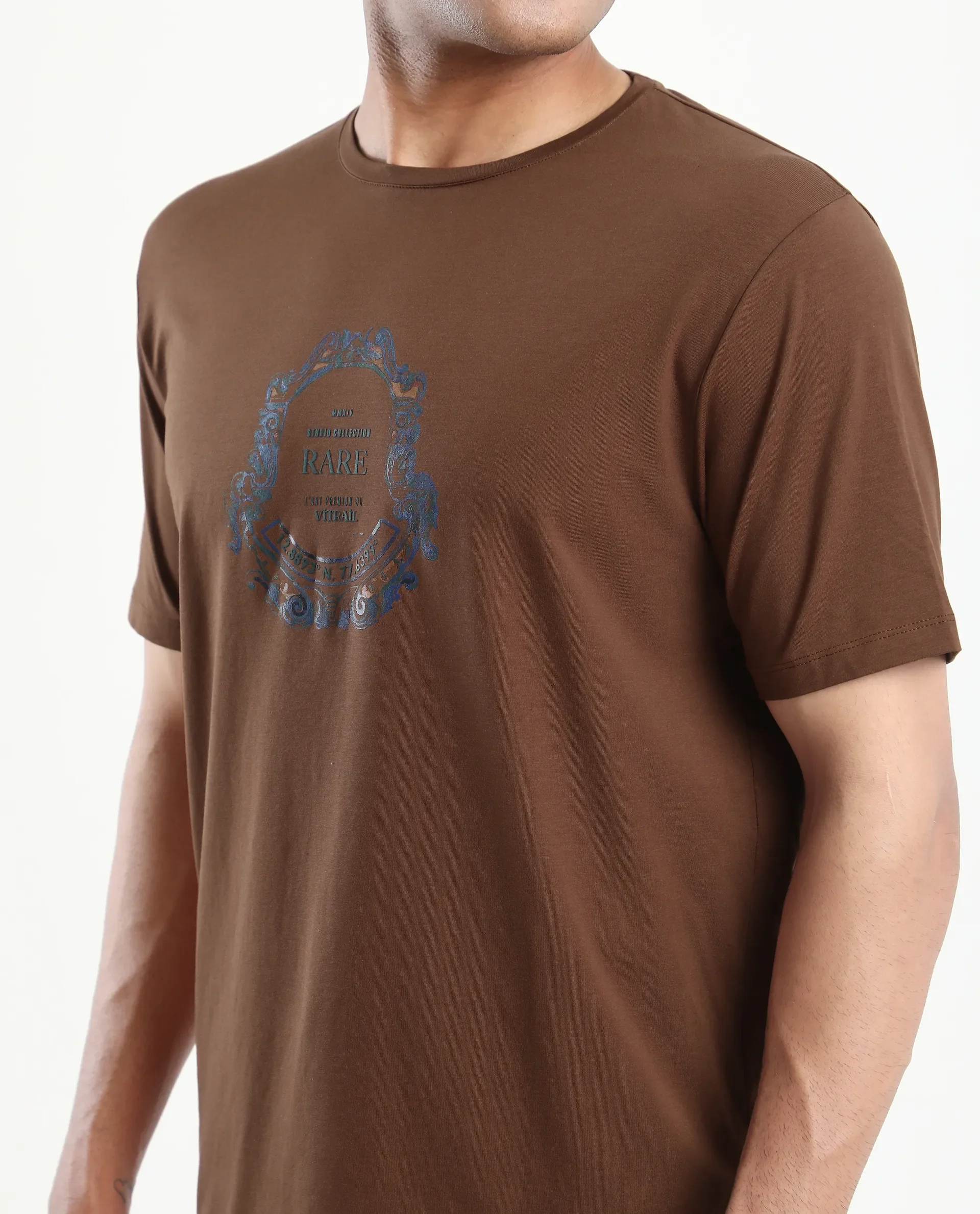 Rare Rabbit Men's Olen Brown Cotton Blend Graphic Print Regular Fit Half Sleeve Crew Neck T-Shirt - Image 3