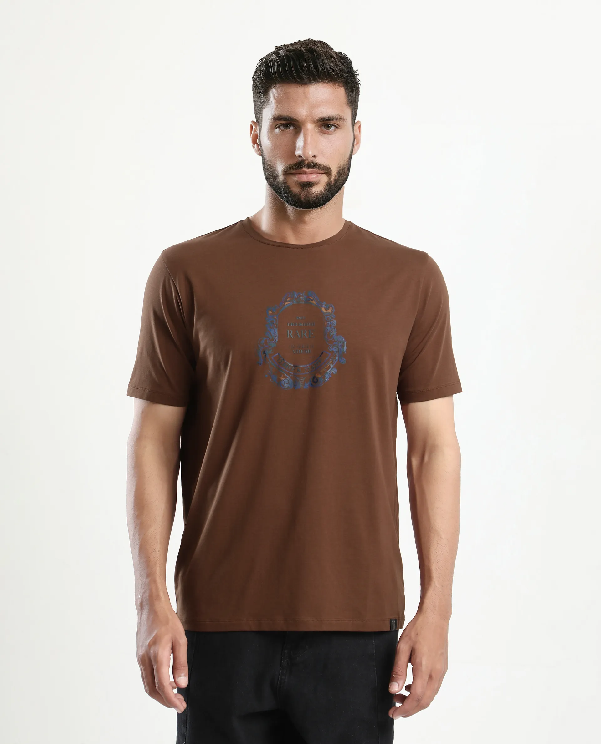 Rare Rabbit Men's Olen Brown Cotton Blend Graphic Print Regular Fit Half Sleeve Crew Neck T-Shirt - Image 4