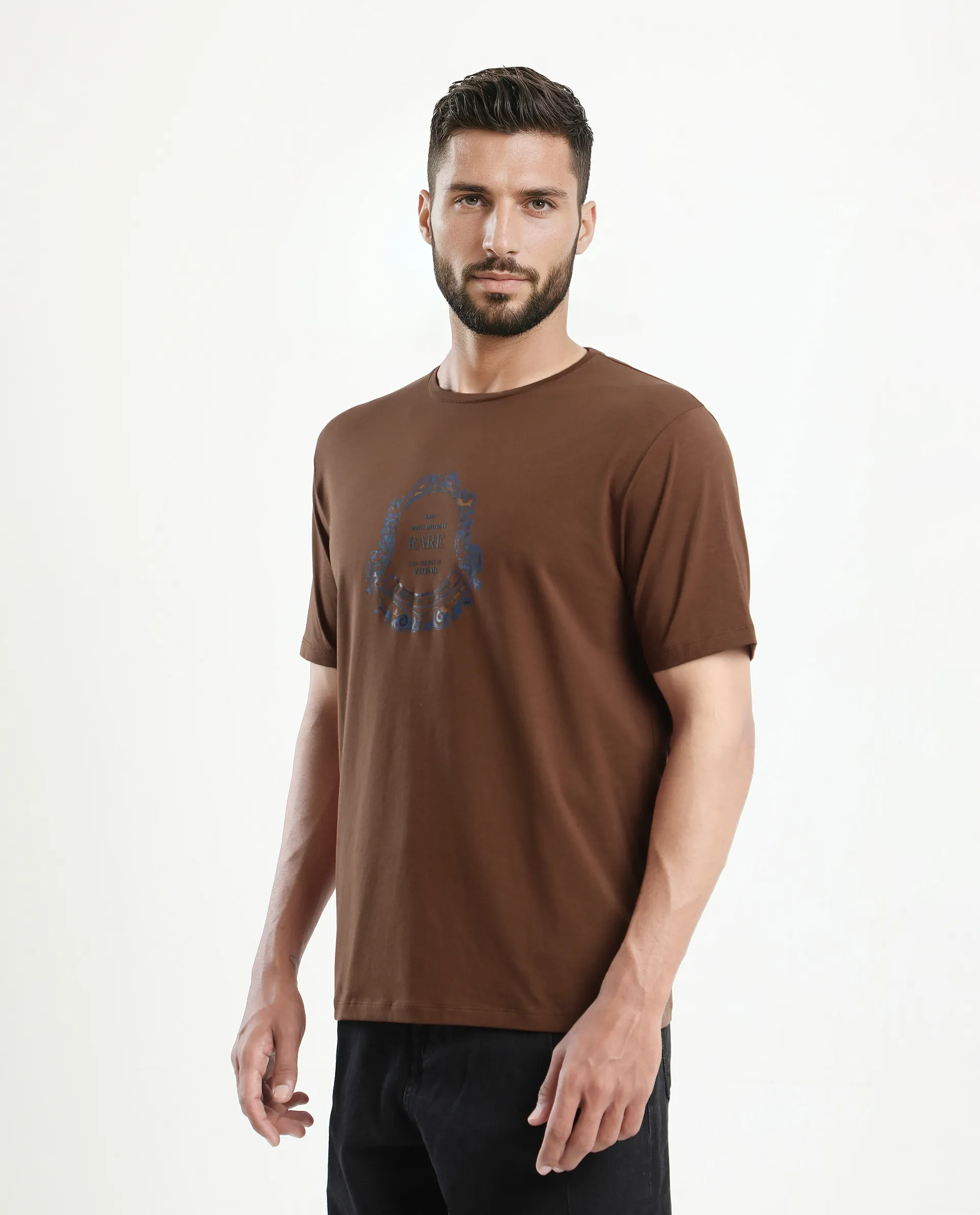 Rare Rabbit Men's Olen Brown Cotton Blend Graphic Print Regular Fit Half Sleeve Crew Neck T-Shirt - Image 5