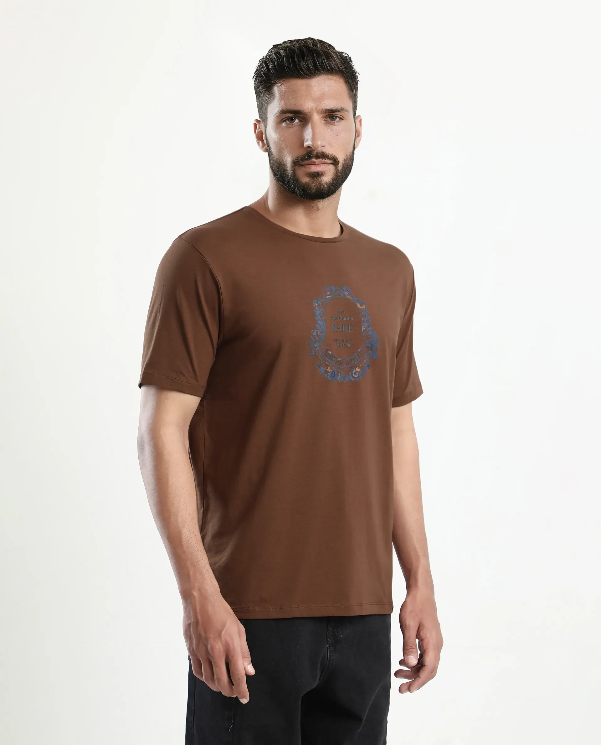 Rare Rabbit Men's Olen Brown Cotton Blend Graphic Print Regular Fit Half Sleeve Crew Neck T-Shirt - Image 6