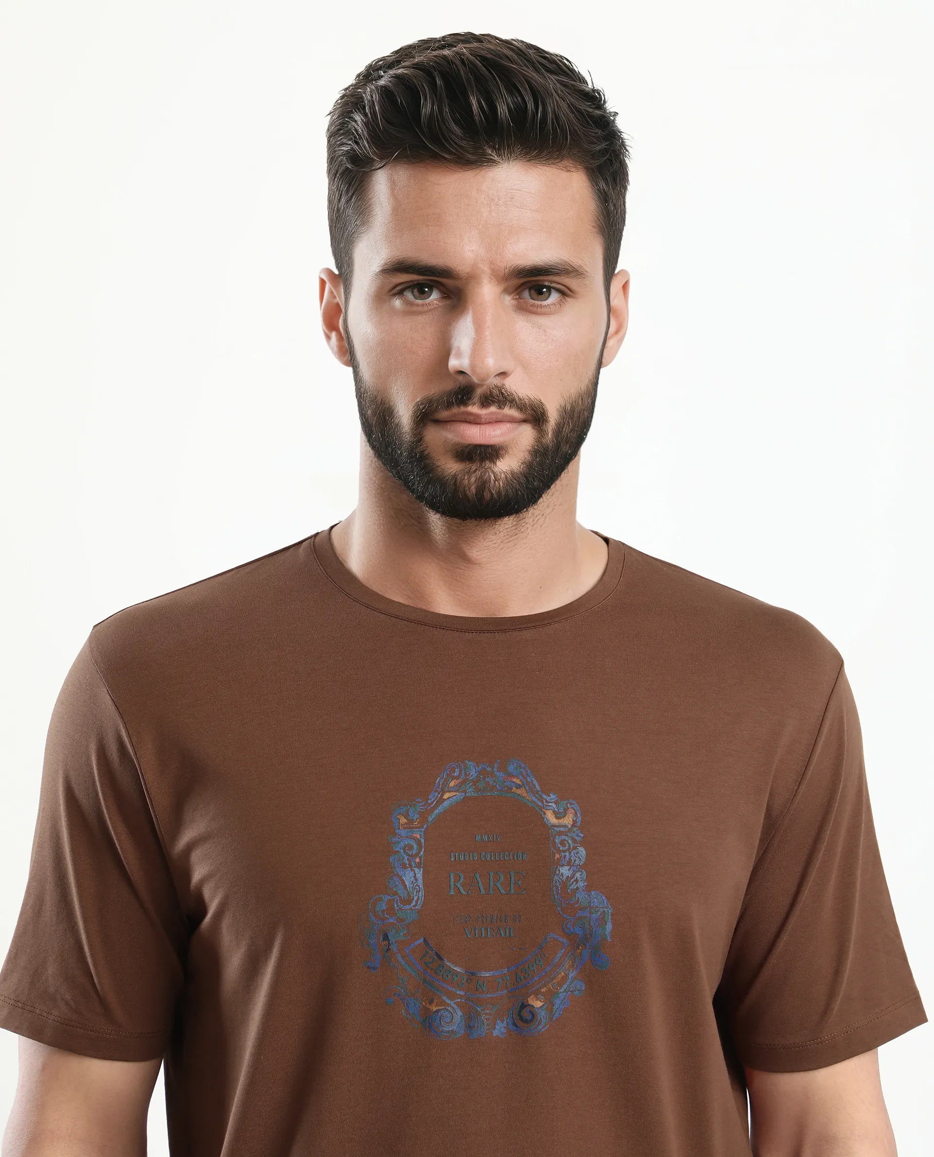 Rare Rabbit Men's Olen Brown Cotton Blend Graphic Print Regular Fit Half Sleeve Crew Neck T-Shirt - Image 7