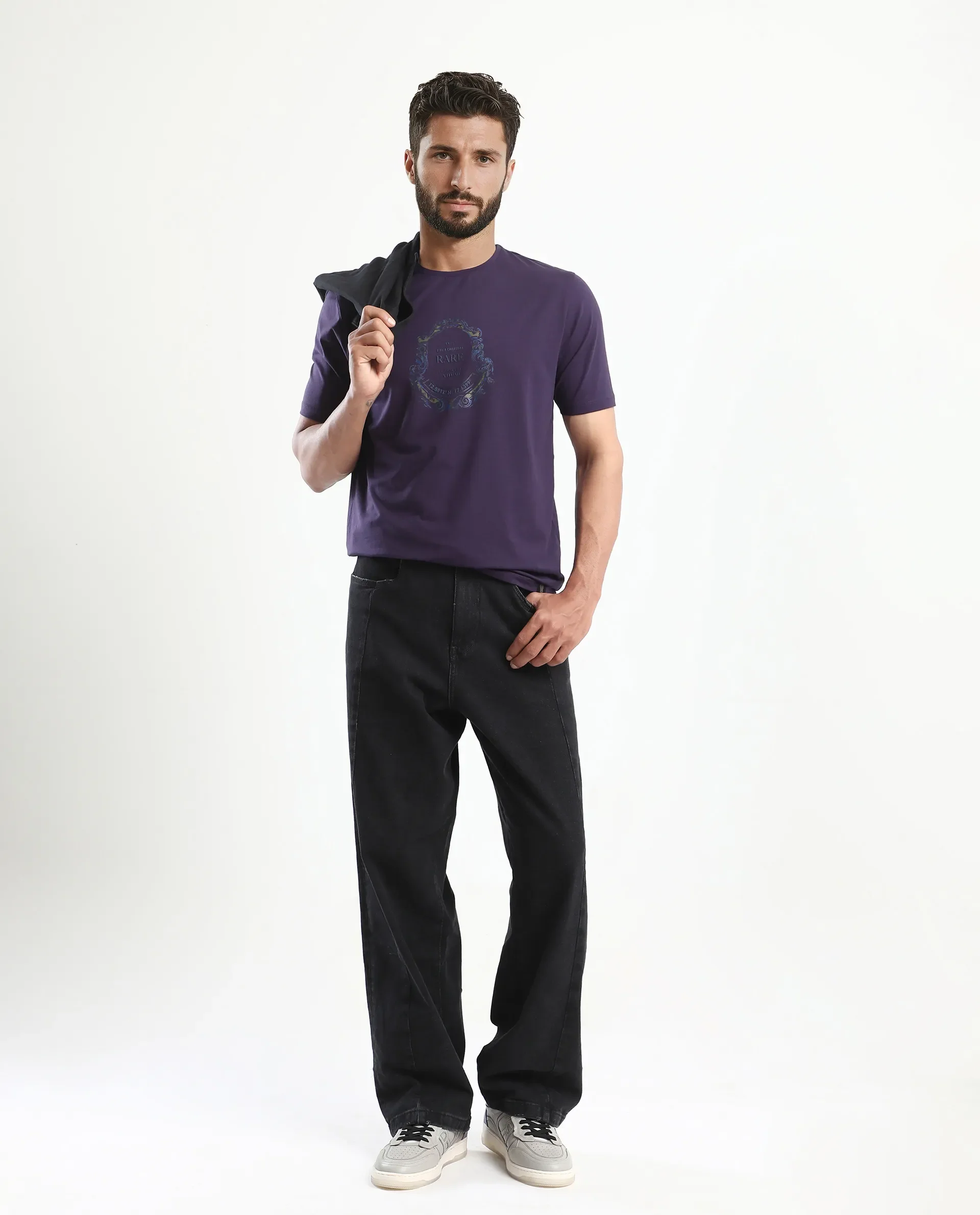 Rare Rabbit Men's Olen Dark Purple Cotton Blend Graphic Print Regular Fit Half Sleeve Crew Neck T-Shirt - Image 2