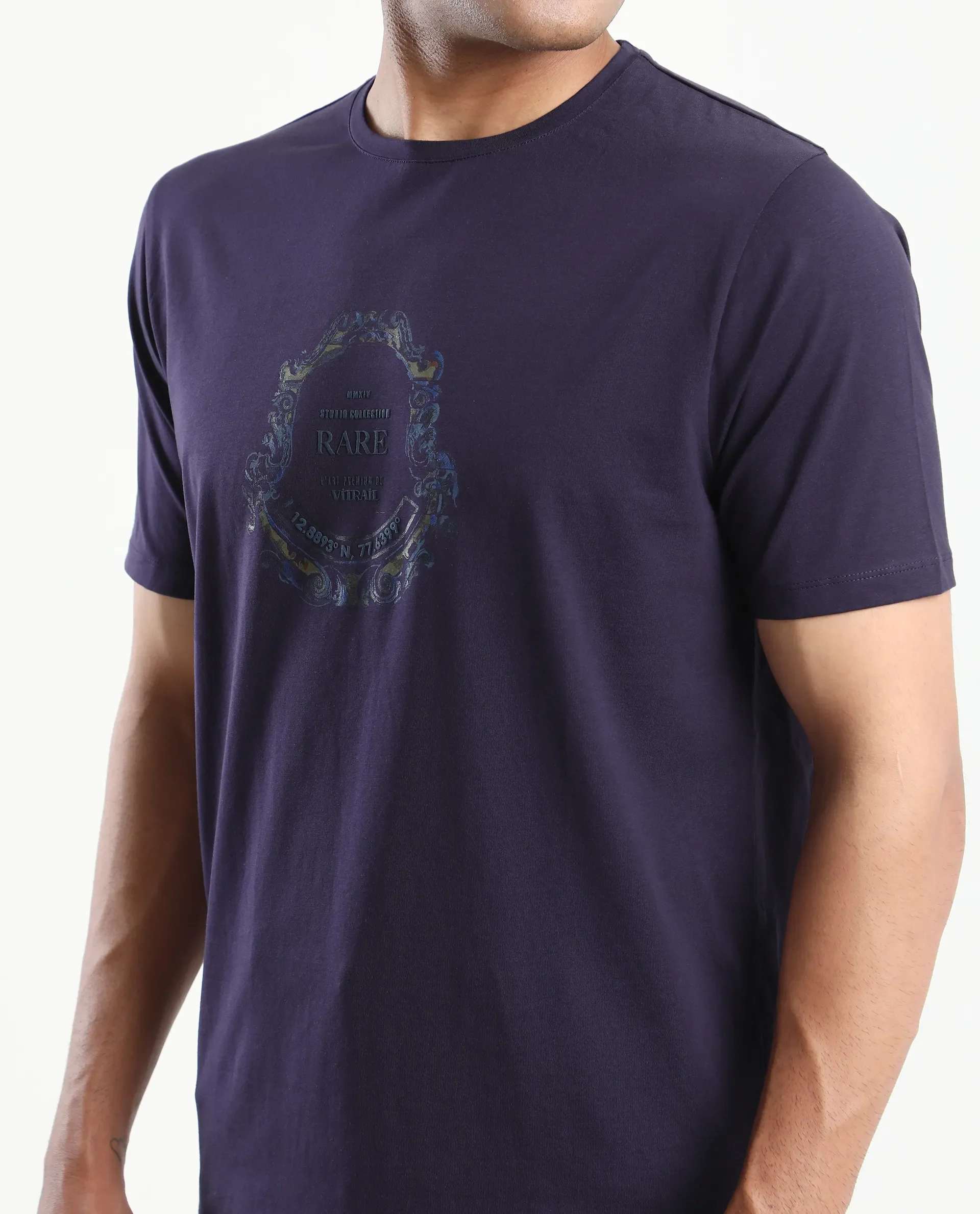 Rare Rabbit Men's Olen Dark Purple Cotton Blend Graphic Print Regular Fit Half Sleeve Crew Neck T-Shirt - Image 3