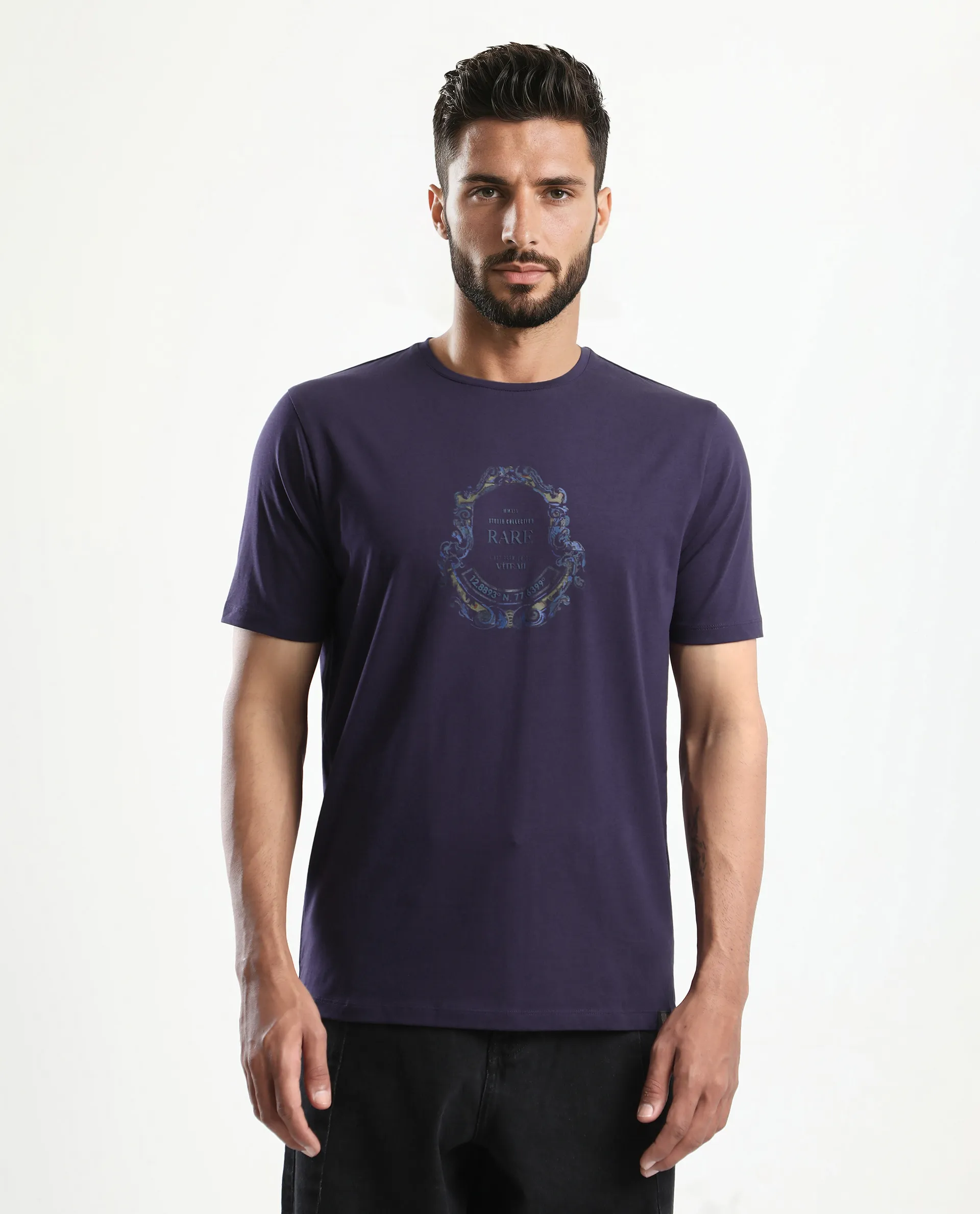 Rare Rabbit Men's Olen Dark Purple Cotton Blend Graphic Print Regular Fit Half Sleeve Crew Neck T-Shirt - Image 4