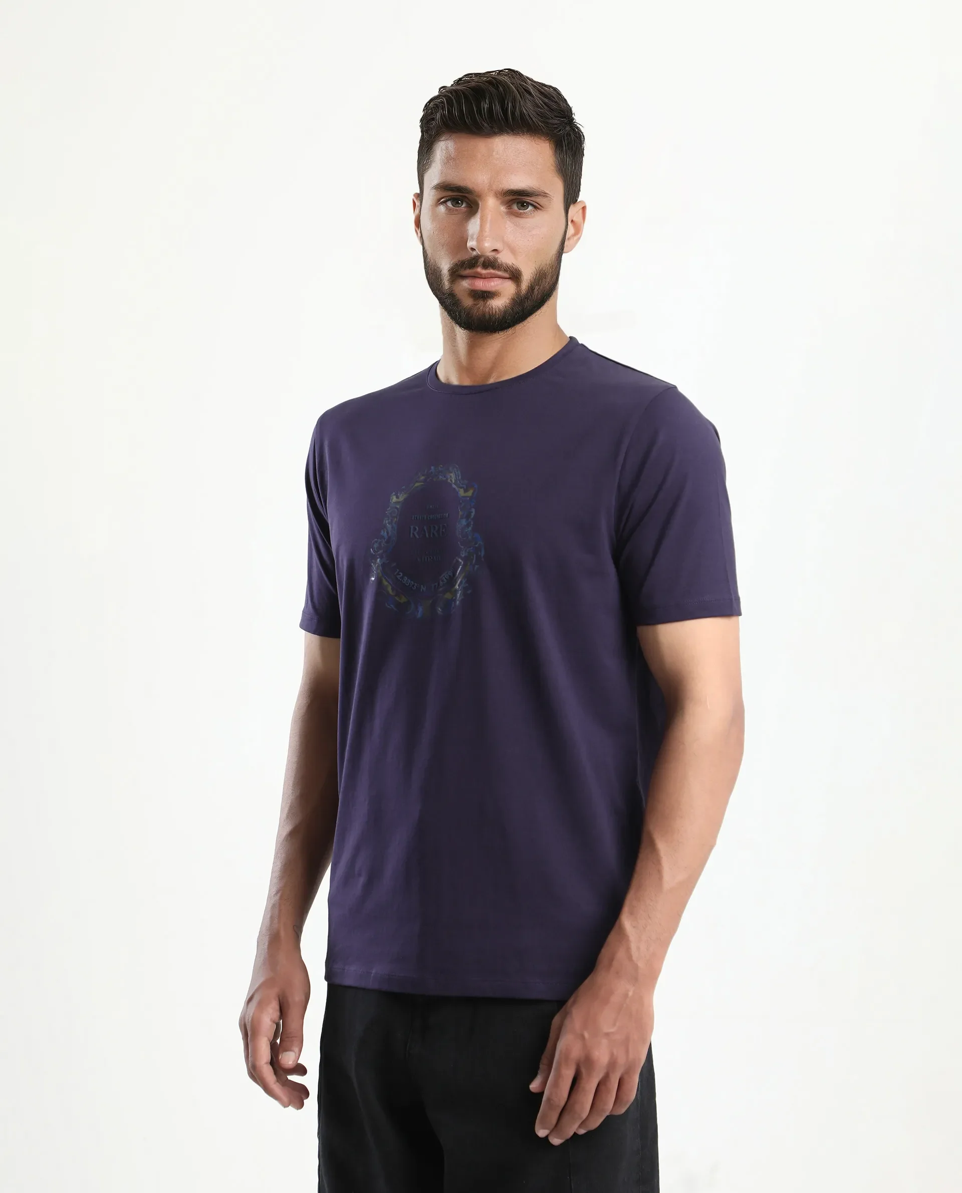 Rare Rabbit Men's Olen Dark Purple Cotton Blend Graphic Print Regular Fit Half Sleeve Crew Neck T-Shirt - Image 5