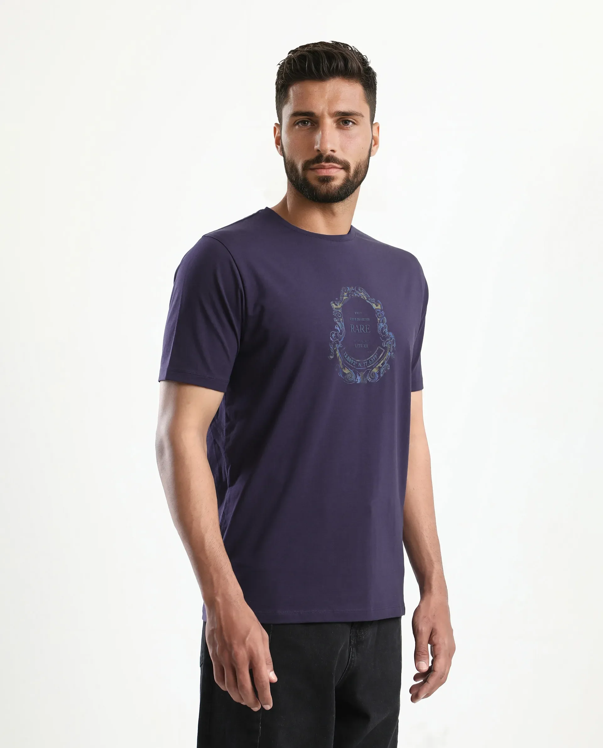 Rare Rabbit Men's Olen Dark Purple Cotton Blend Graphic Print Regular Fit Half Sleeve Crew Neck T-Shirt - Image 6