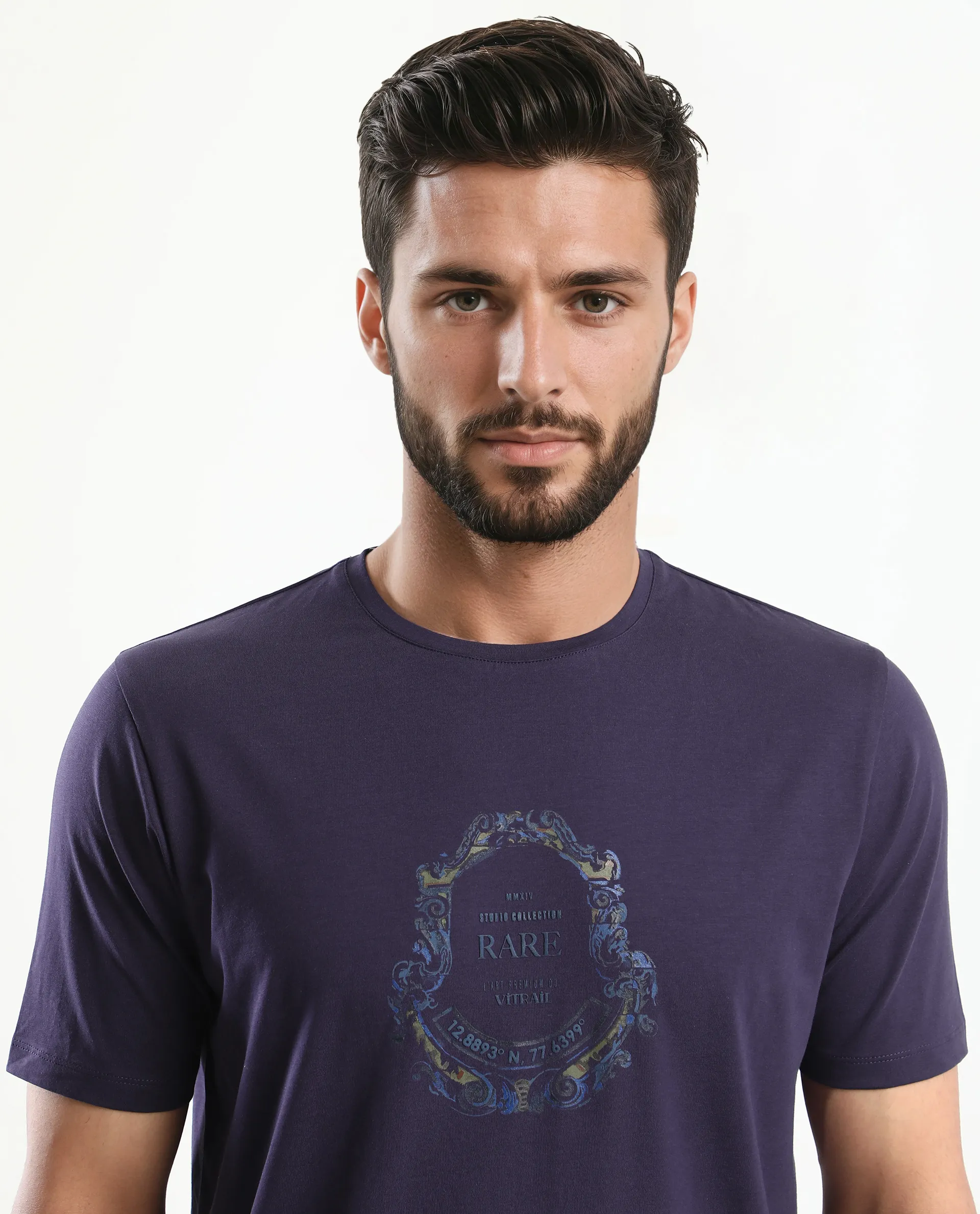 Rare Rabbit Men's Olen Dark Purple Cotton Blend Graphic Print Regular Fit Half Sleeve Crew Neck T-Shirt - Image 7