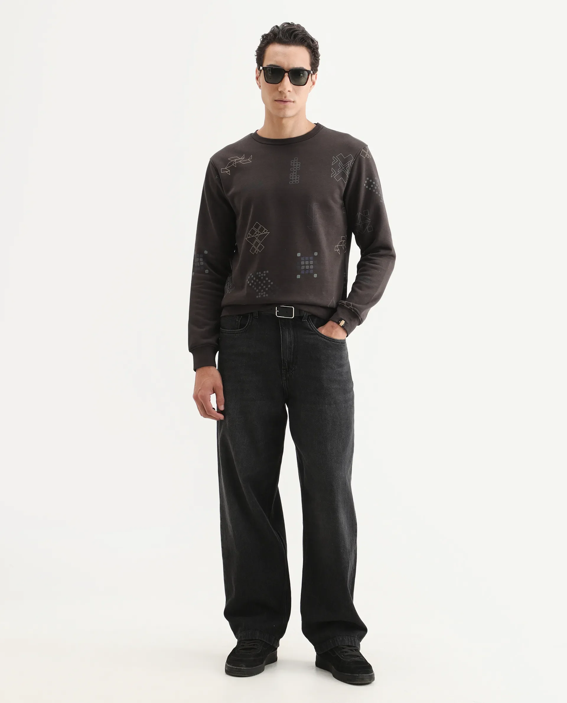 Rare Rabbit Men's Oli Brown Cotton Graphic Print Relaxed Fit Full Sleeve Crew Neck Sweatshirt - Image 2