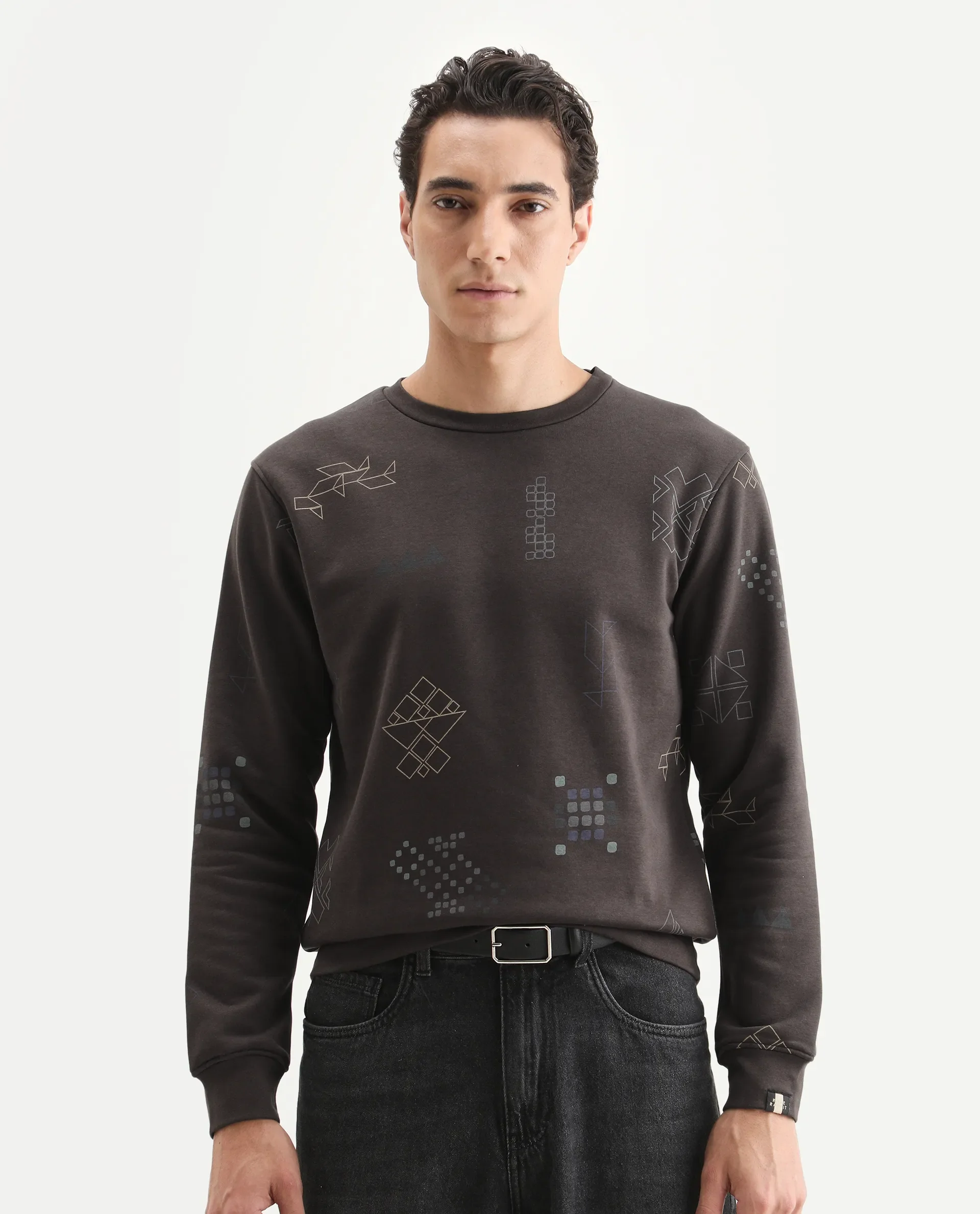 Rare Rabbit Men's Oli Brown Cotton Graphic Print Relaxed Fit Full Sleeve Crew Neck Sweatshirt - Image 3