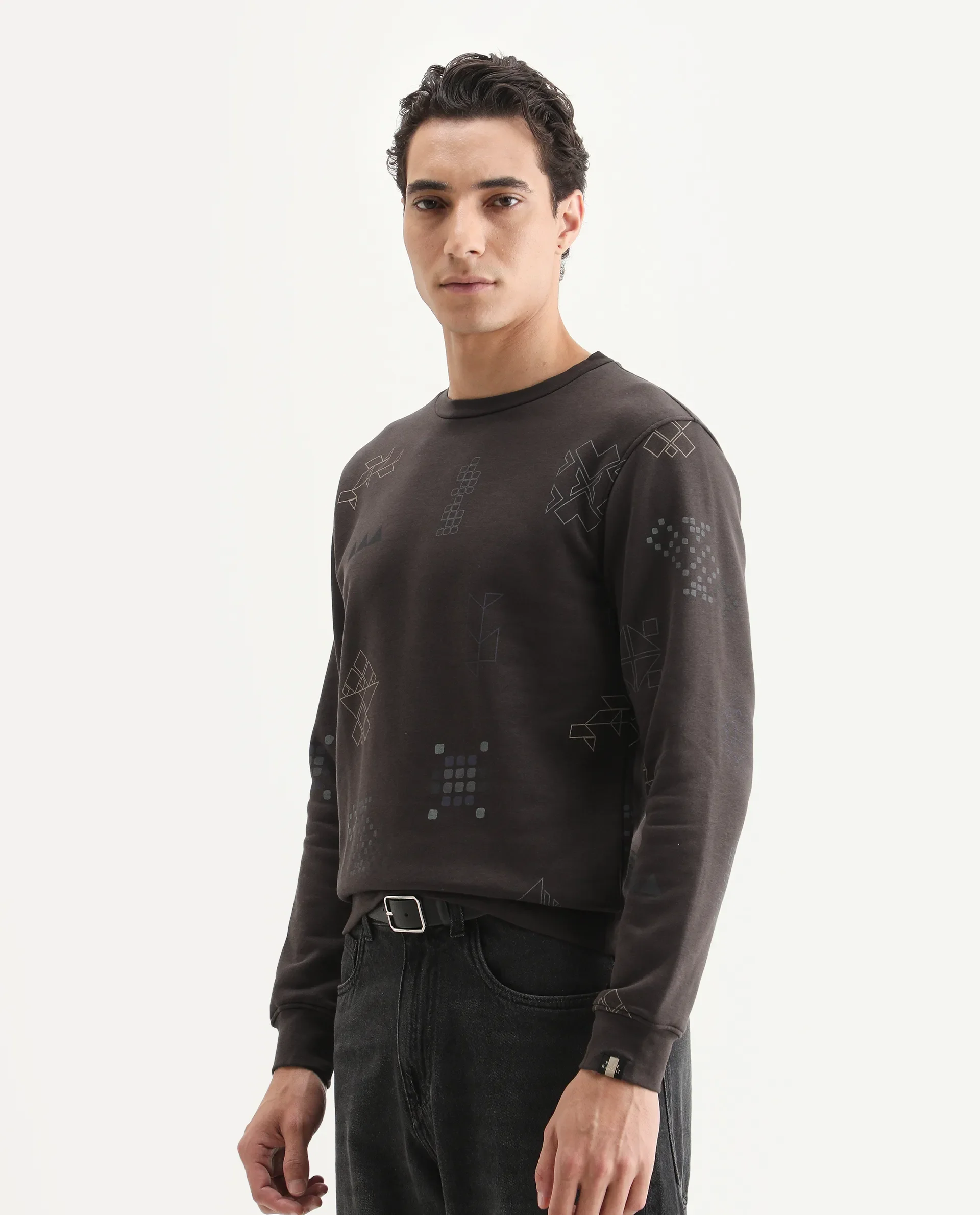 Rare Rabbit Men's Oli Brown Cotton Graphic Print Relaxed Fit Full Sleeve Crew Neck Sweatshirt - Image 5