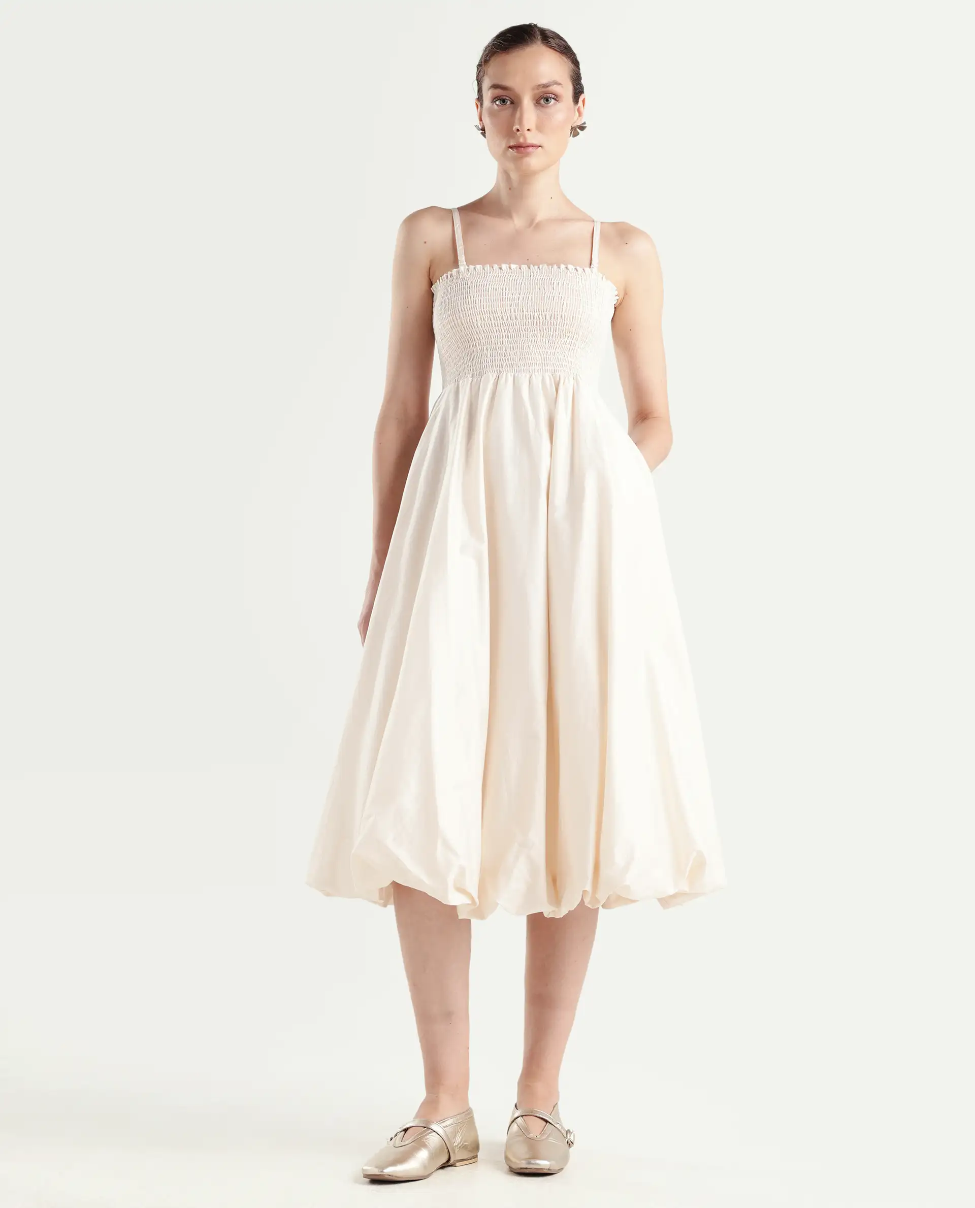 Rareism Women's Oligue Beige Cotton Shoulder Strap Plain Shoulder Strap Midi Fit And Flare Dress - Image 2