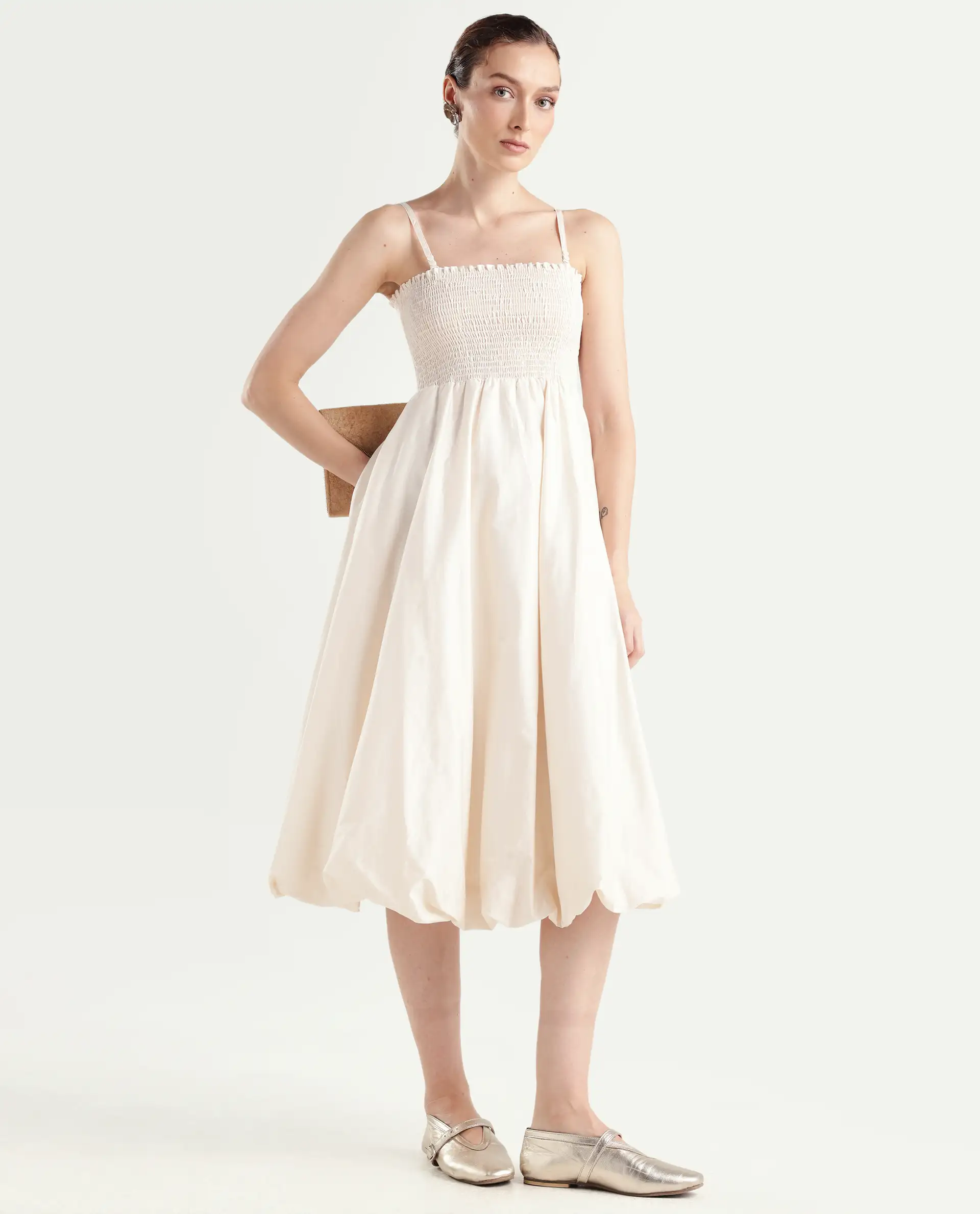 Rareism Women's Oligue Beige Cotton Shoulder Strap Plain Shoulder Strap Midi Fit And Flare Dress - Image 4