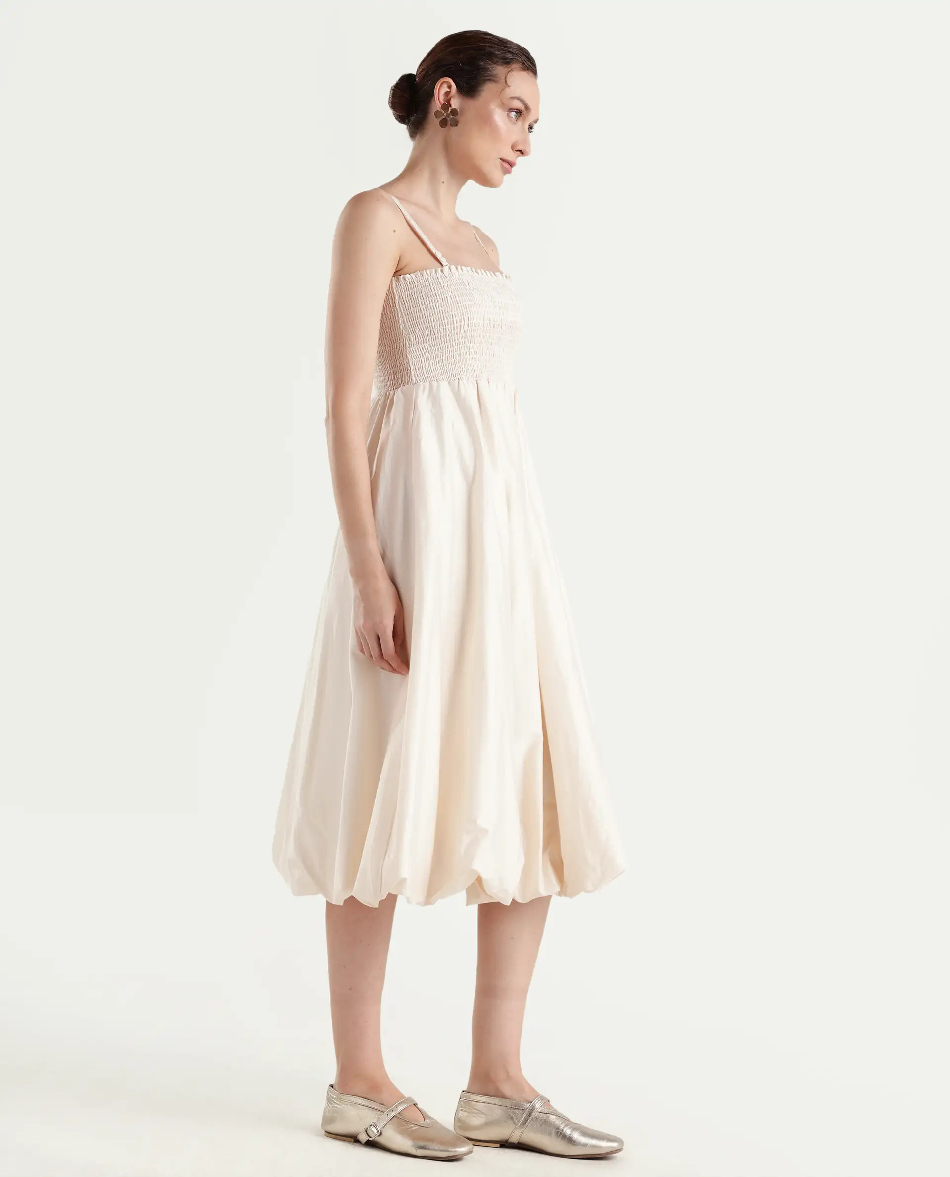 Rareism Women's Oligue Beige Cotton Shoulder Strap Plain Shoulder Strap Midi Fit And Flare Dress - Image 5