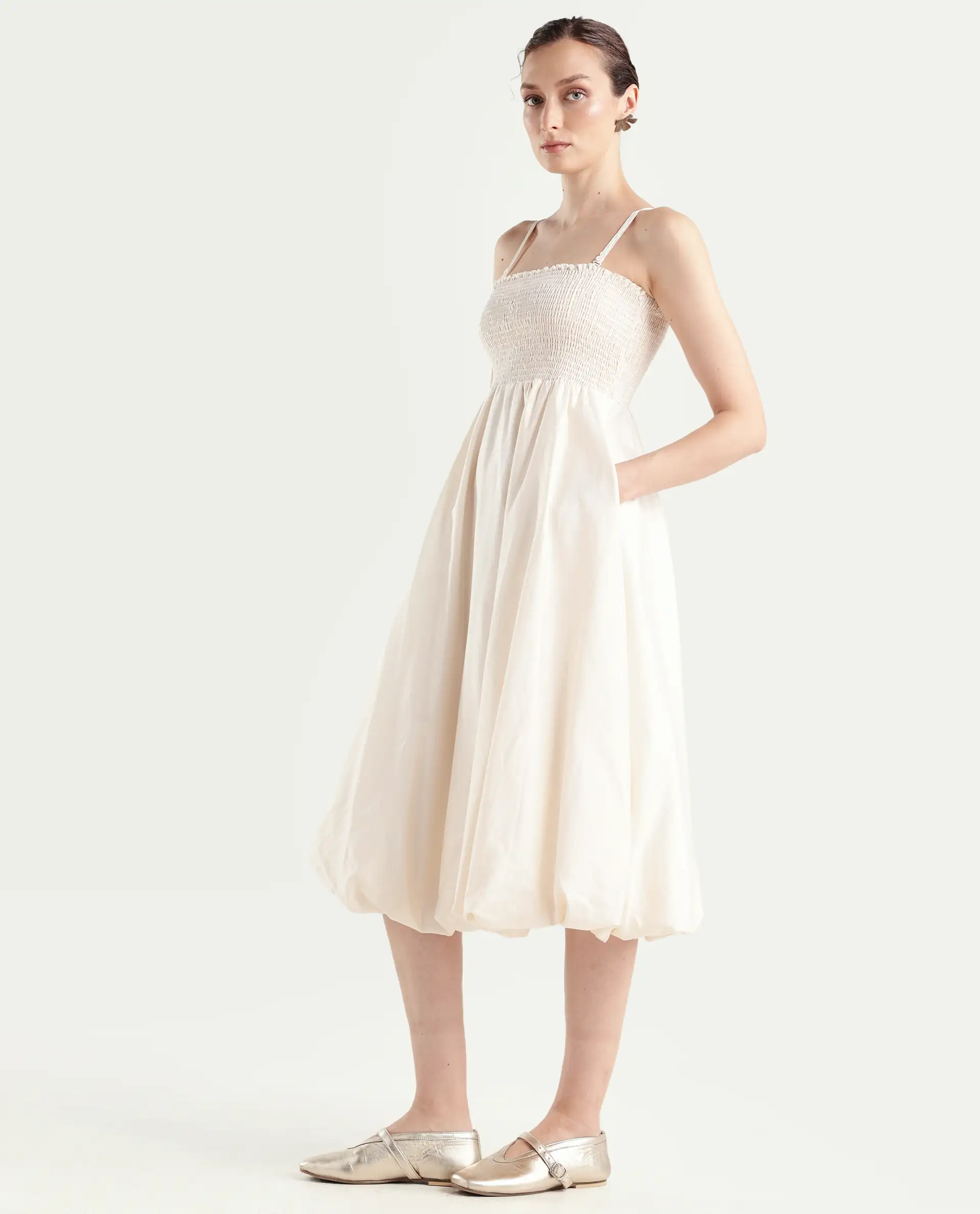 Rareism Women's Oligue Beige Cotton Shoulder Strap Plain Shoulder Strap Midi Fit And Flare Dress - Image 6