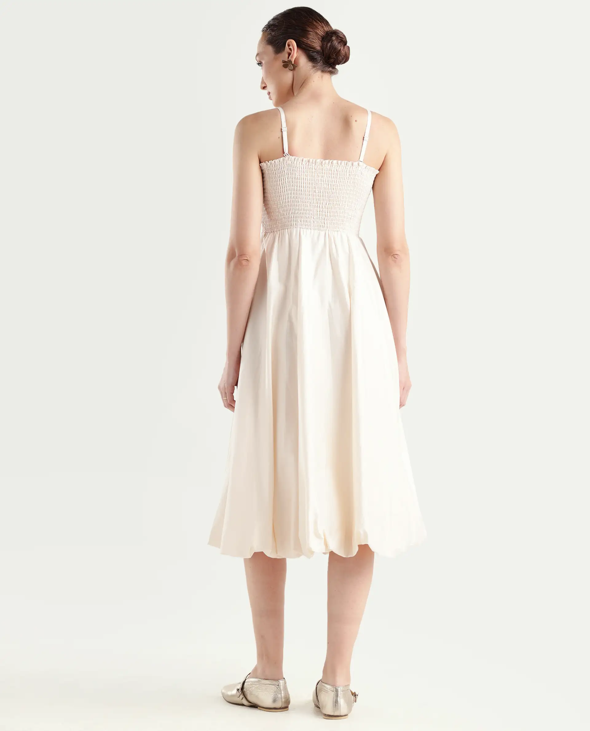 Rareism Women's Oligue Beige Cotton Shoulder Strap Plain Shoulder Strap Midi Fit And Flare Dress - Image 7