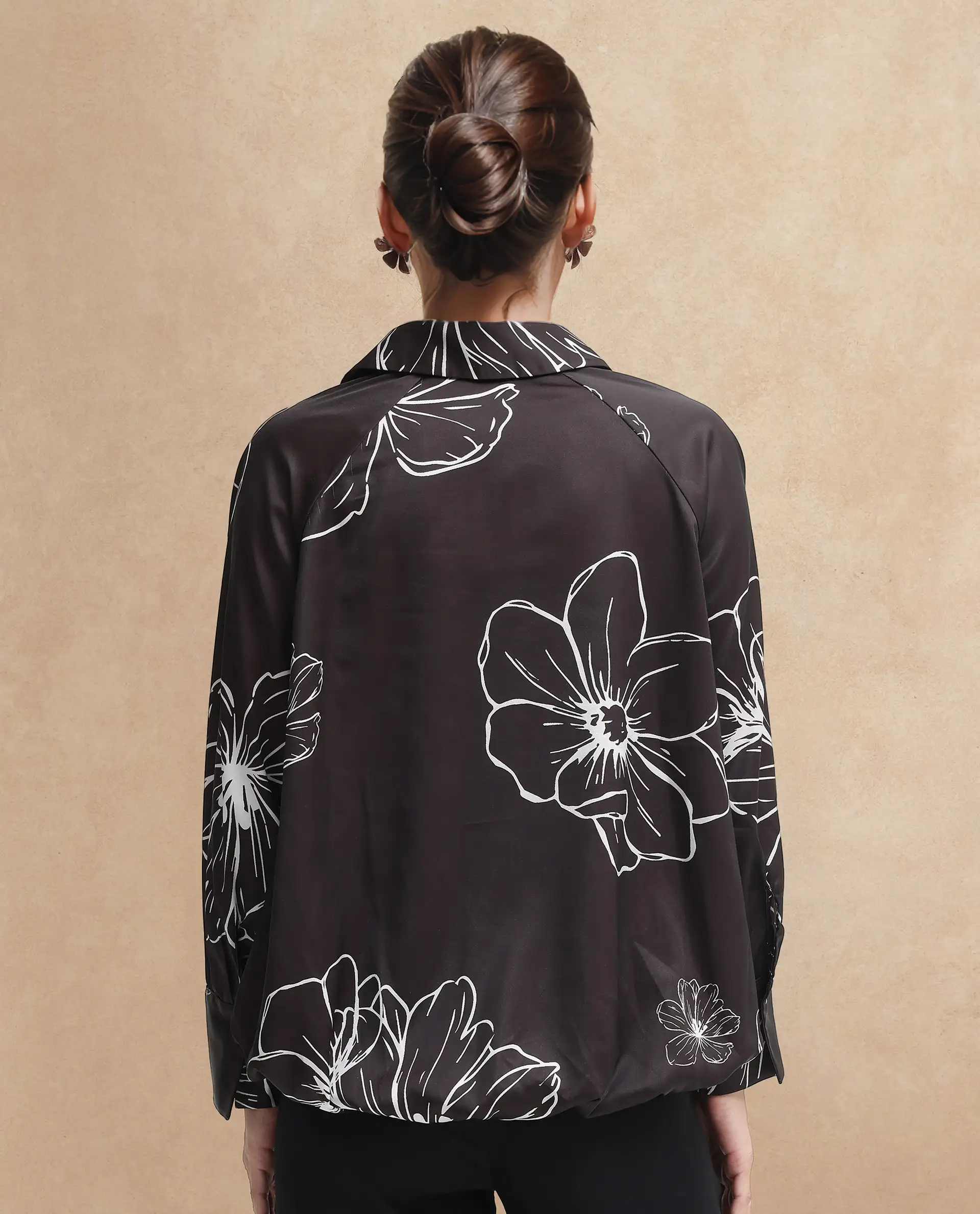 Rareism Women's Olin Sc Dark Brown Satin Drop Collar Floral Print Raglan Sleeve Regular Fit Top - Image 10