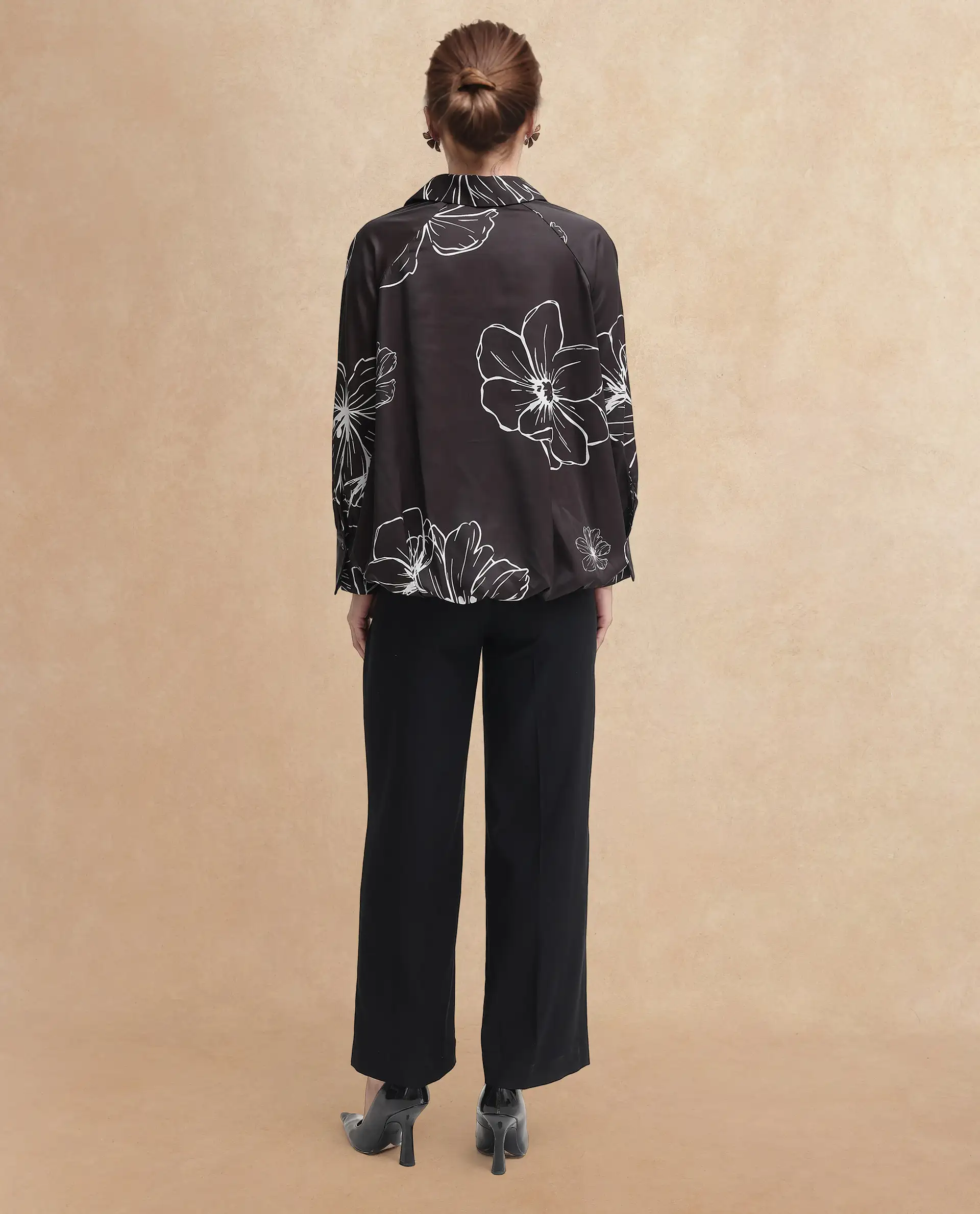 Rareism Women's Olin Sc Dark Brown Satin Drop Collar Floral Print Raglan Sleeve Regular Fit Top - Image 2