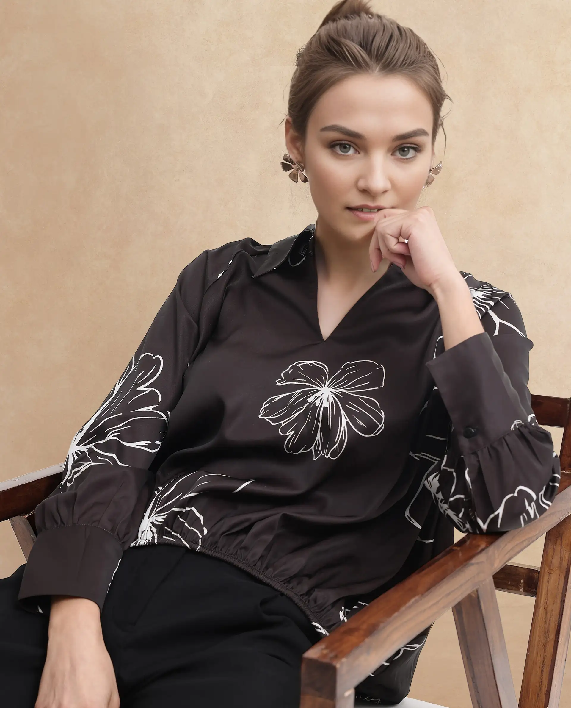 Rareism Women's Olin Sc Dark Brown Satin Drop Collar Floral Print Raglan Sleeve Regular Fit Top - Image 3